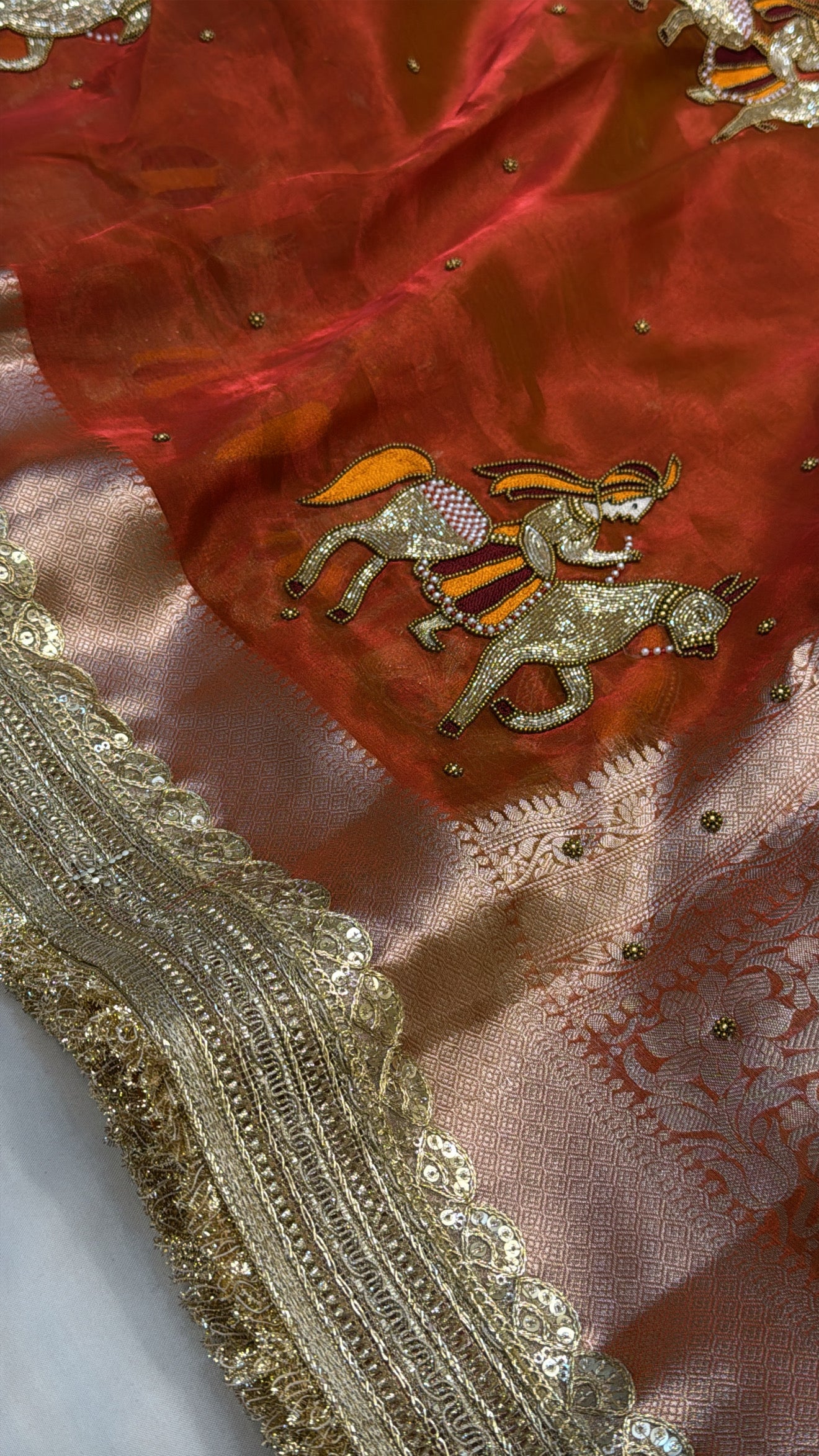Sunset orange baarat motif husn tissue silk hand embroidered saree