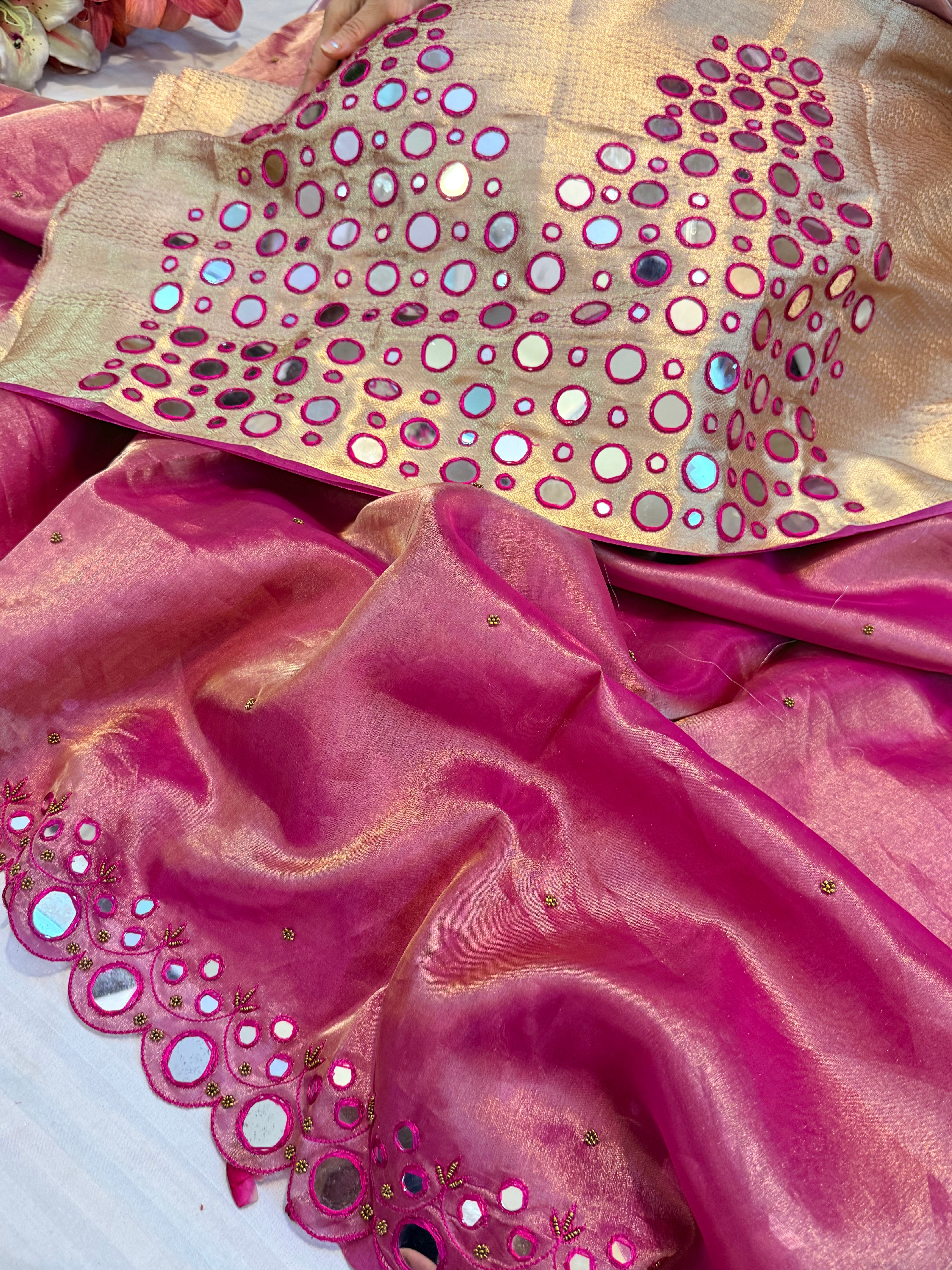 Sheeshe wali hot pink tissue silk mirrorwork hand embroidered banarasi saree