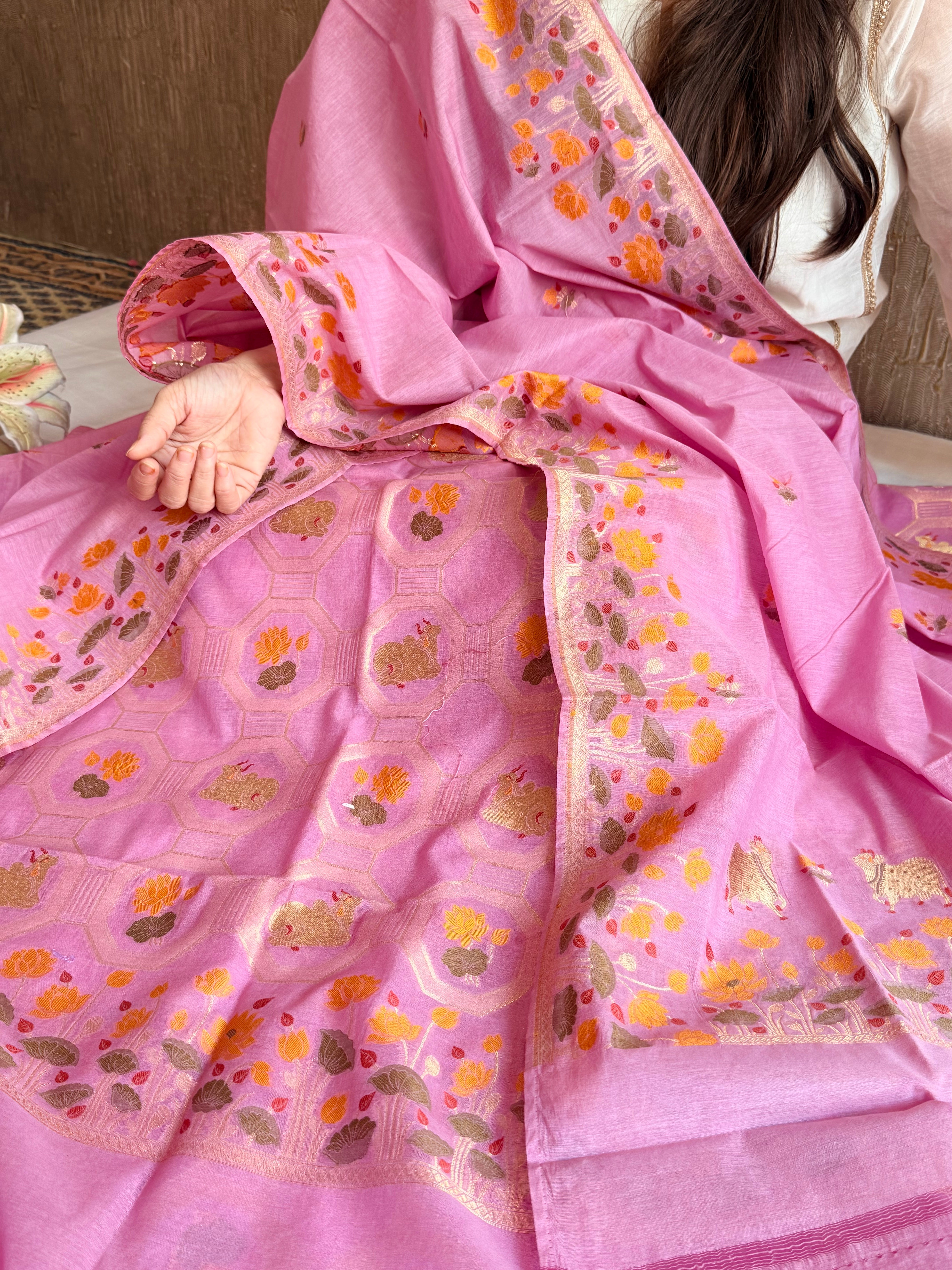 Mul cotton banarasi meenakari nandu motif suit sets
