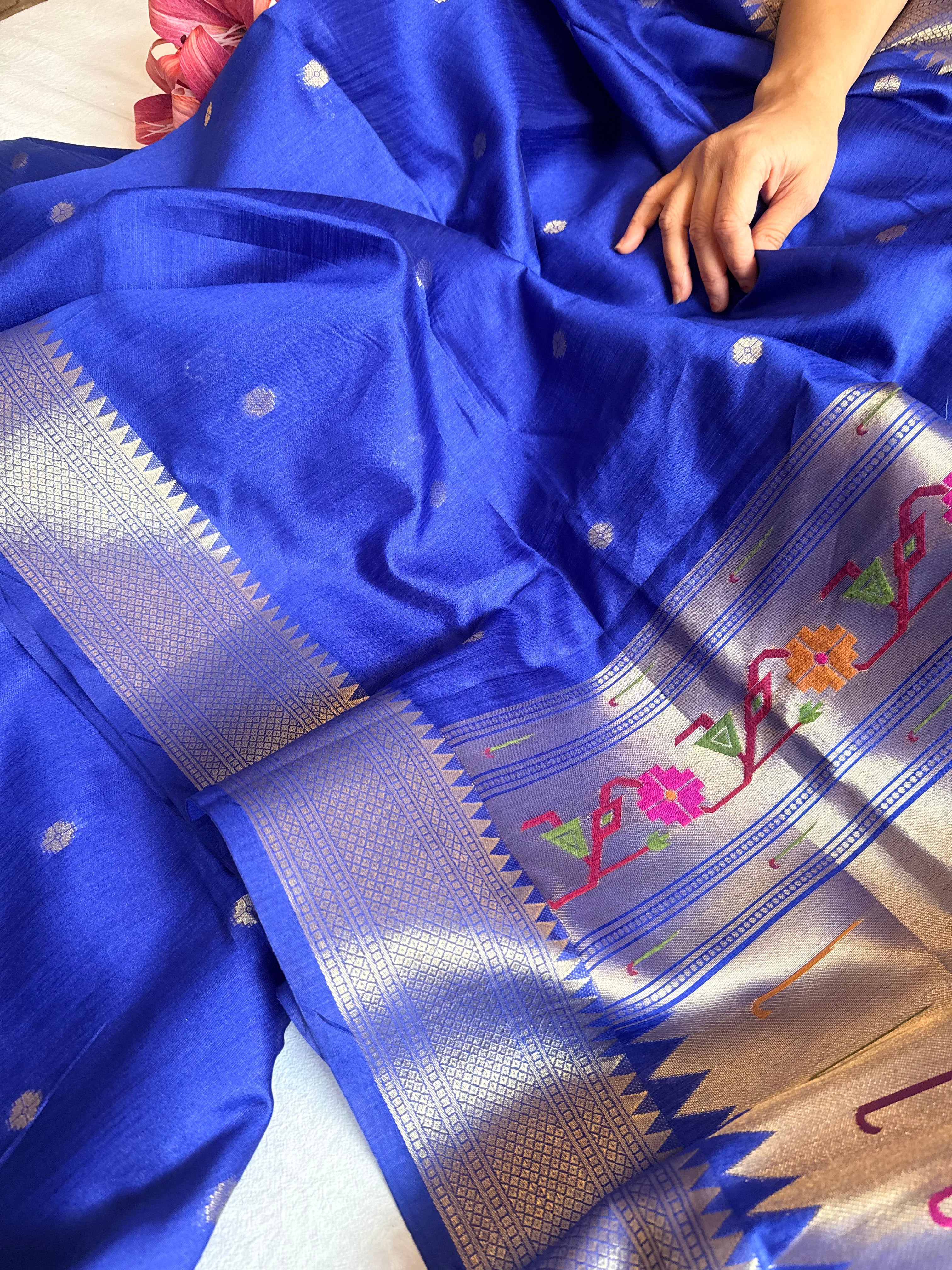 Ink blue mul cotton paithani weaving kadhwa banarasi saree
