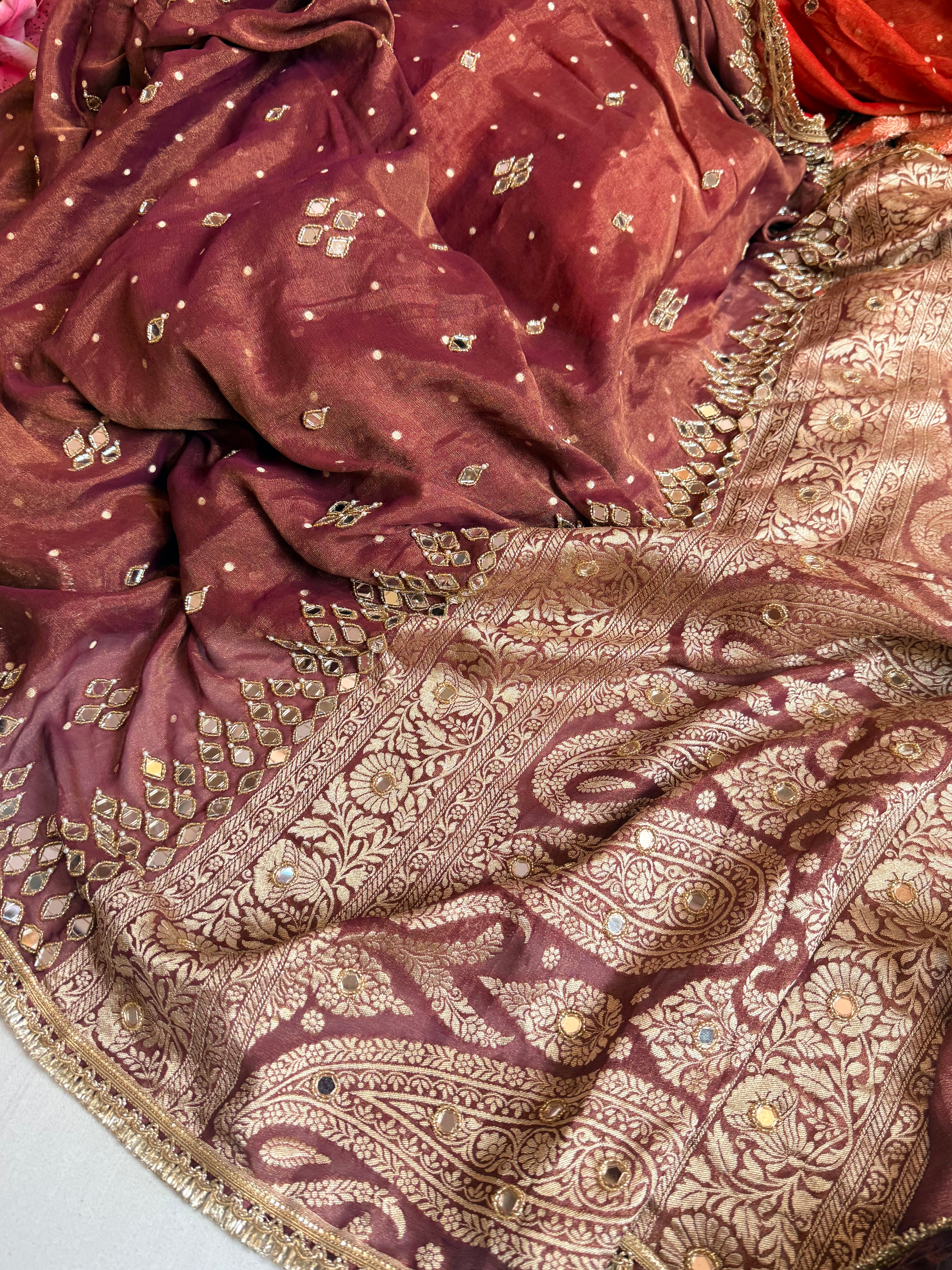 Choco brown tissue gorgette mirror work hand embroidered saree