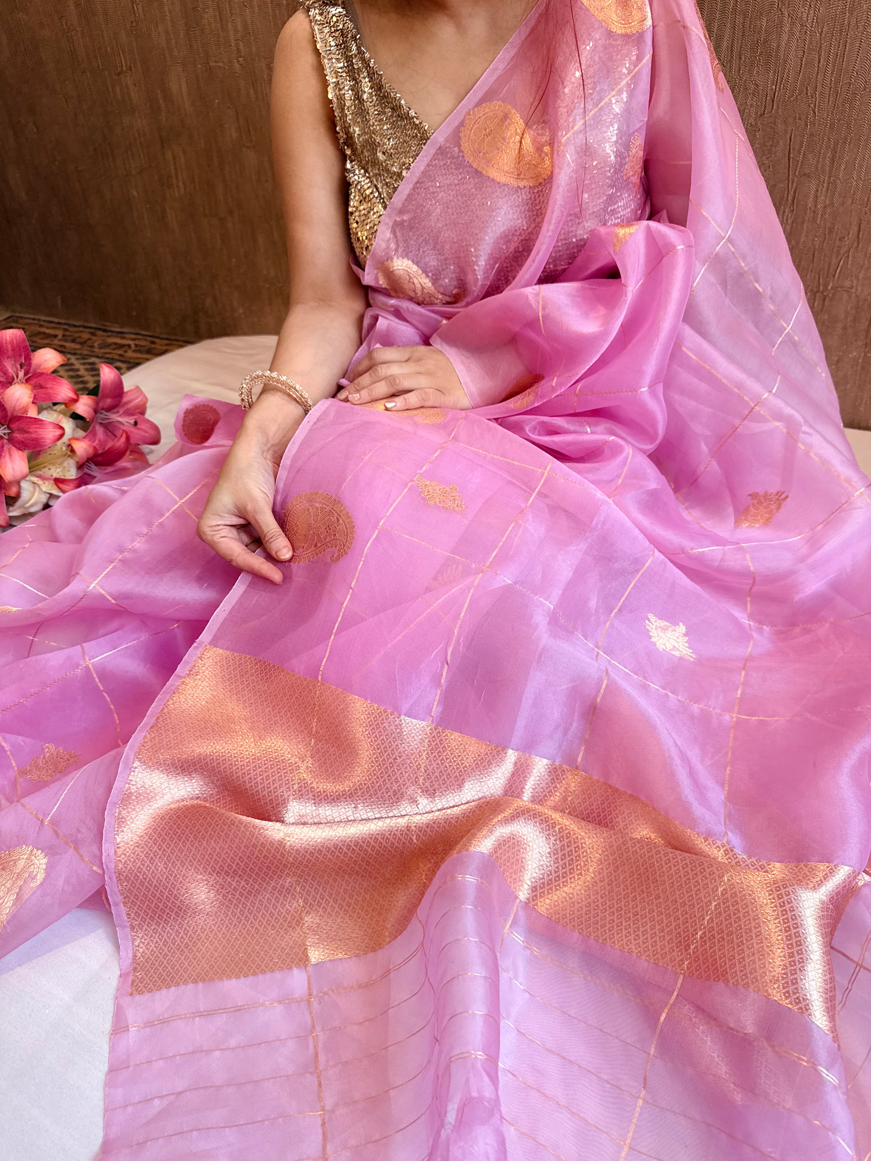 Blush pink kora silk kadhwa handloom weaving saree