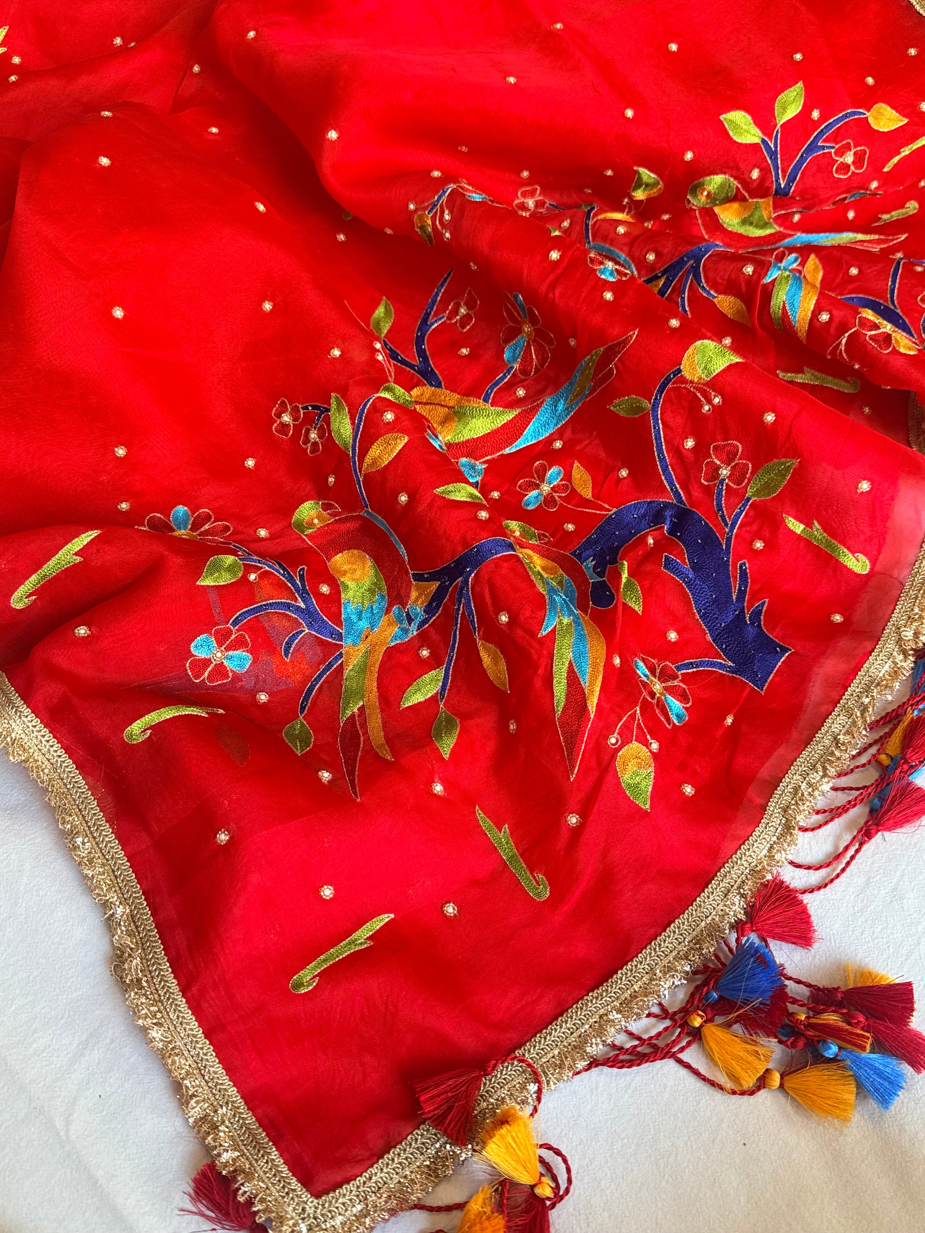Blood red kora silk paithani weaving hand embroidered kadhwa saree
