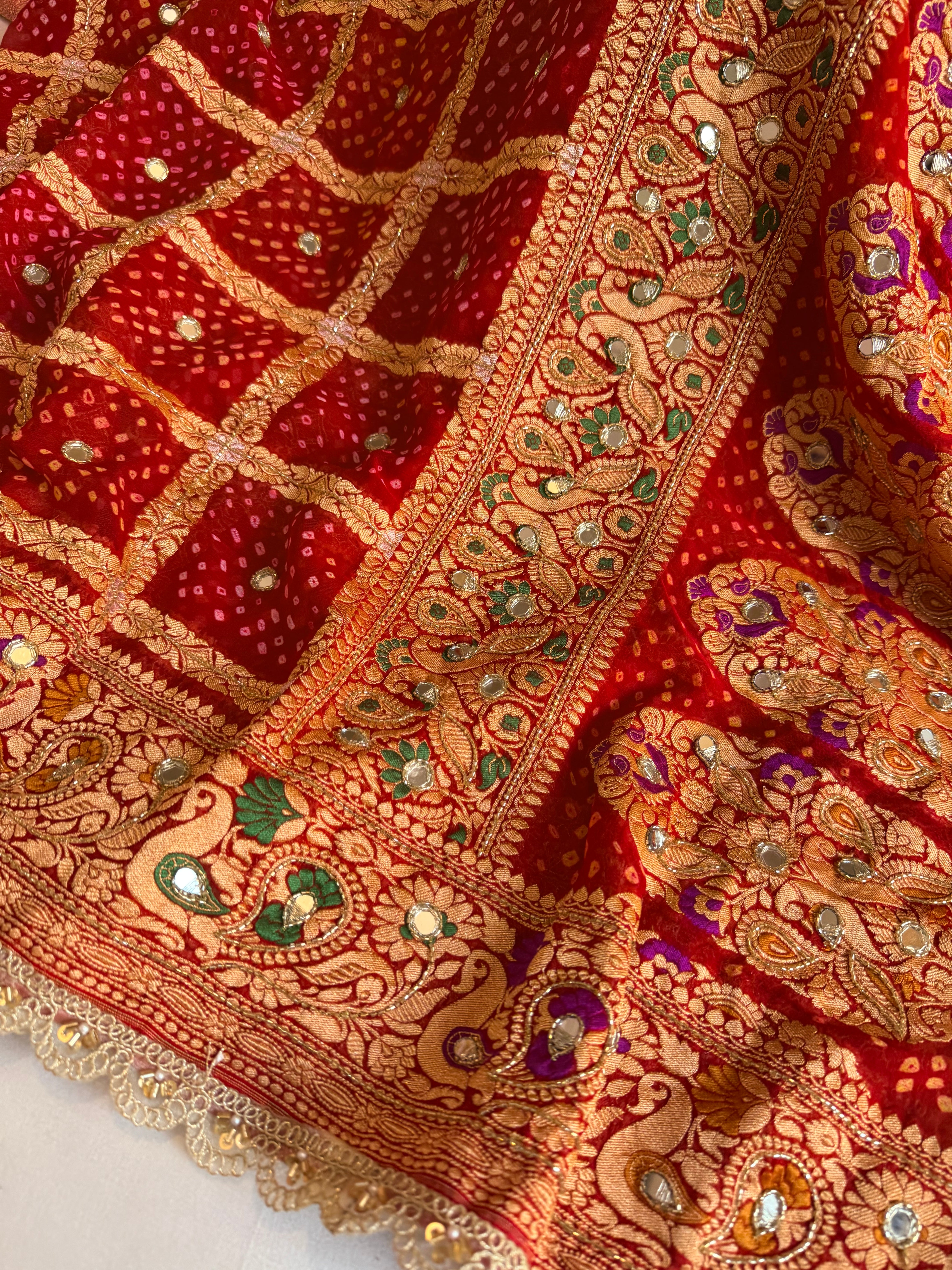 Bandhej saree ka sandook -  blood red shaded chiffon gorgette banarasi bandhej saree