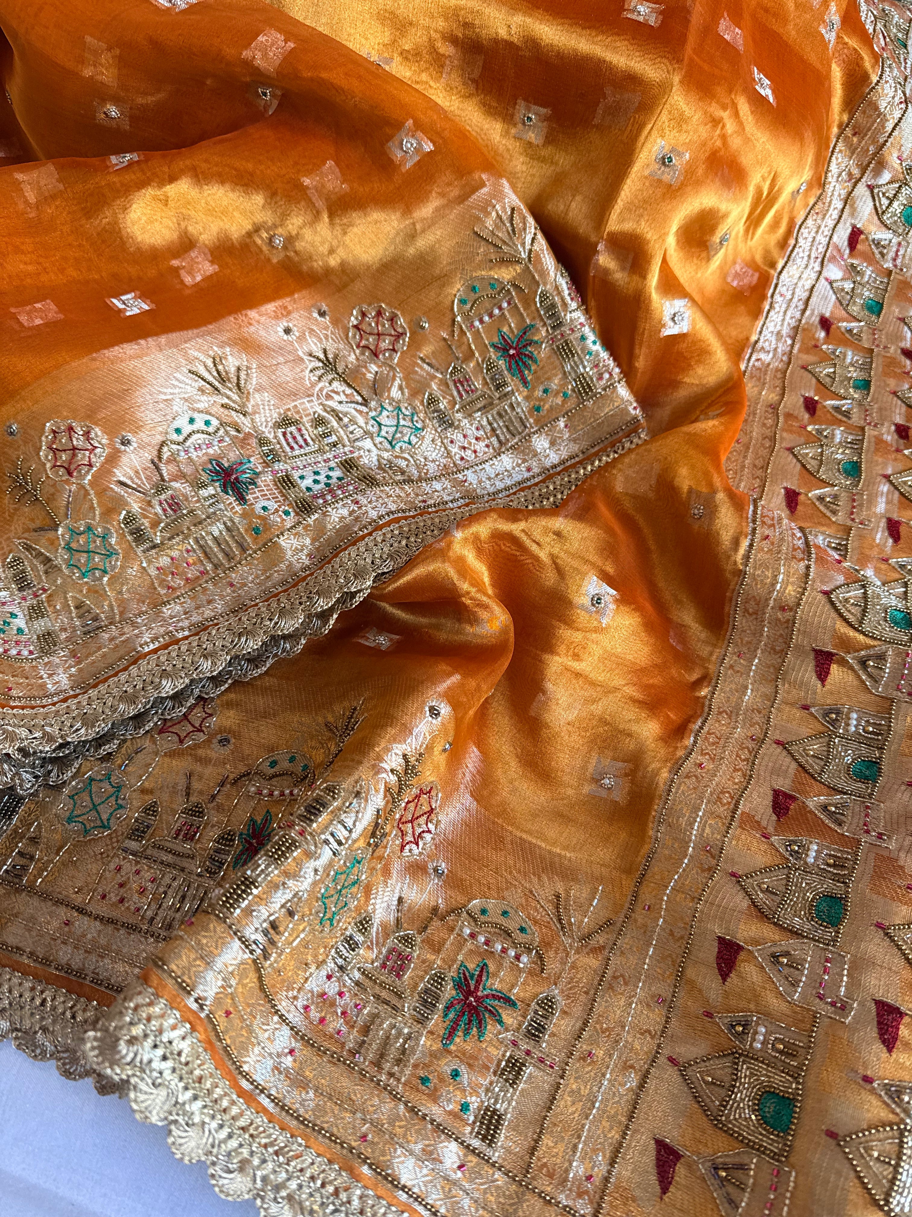 Ganga-darshan edit - Tissue silk fanta orange hand embroidered kadhwa saree
