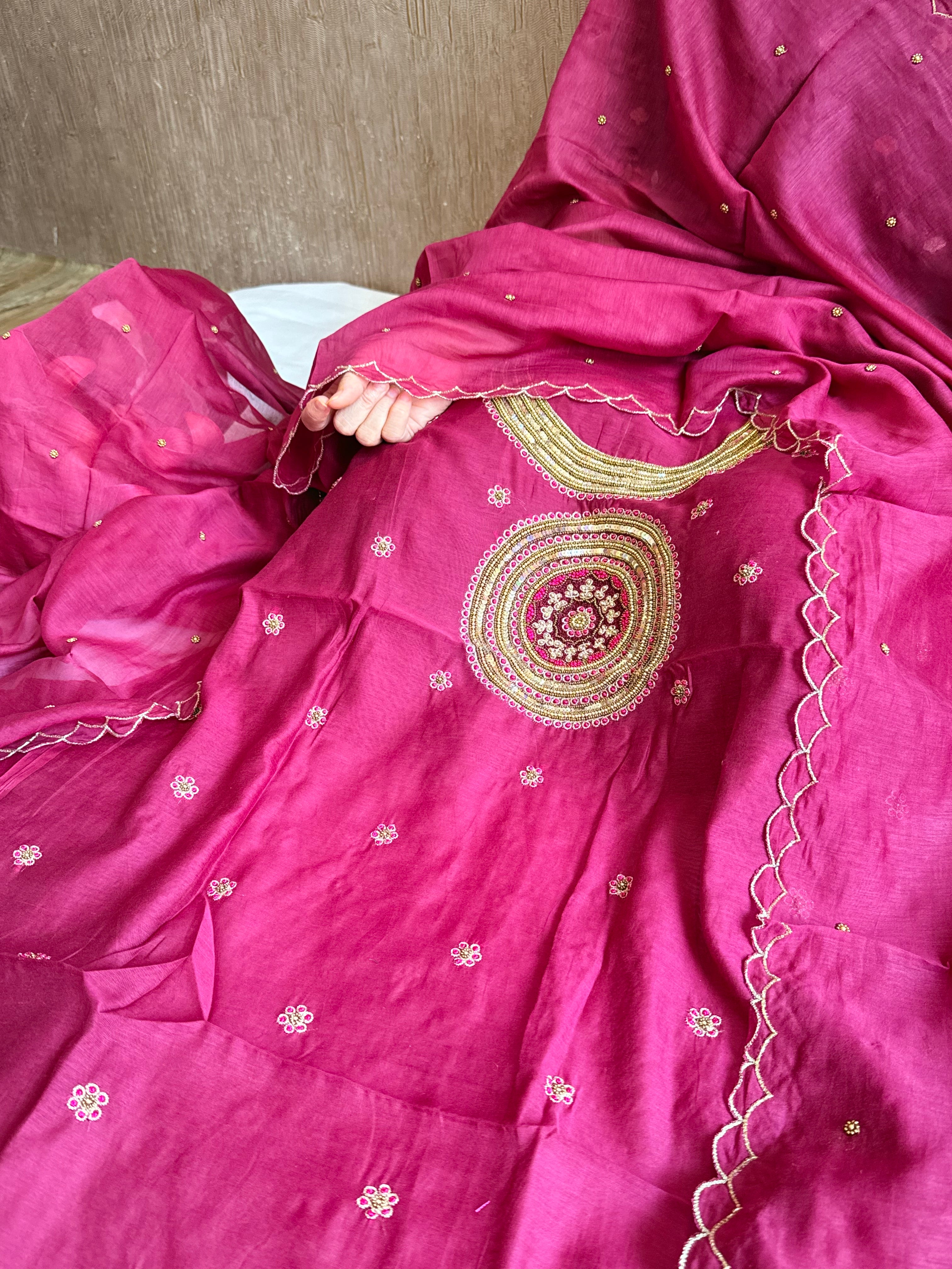 Mul cotton mandala inspired hand embroidered kadhwa suit set