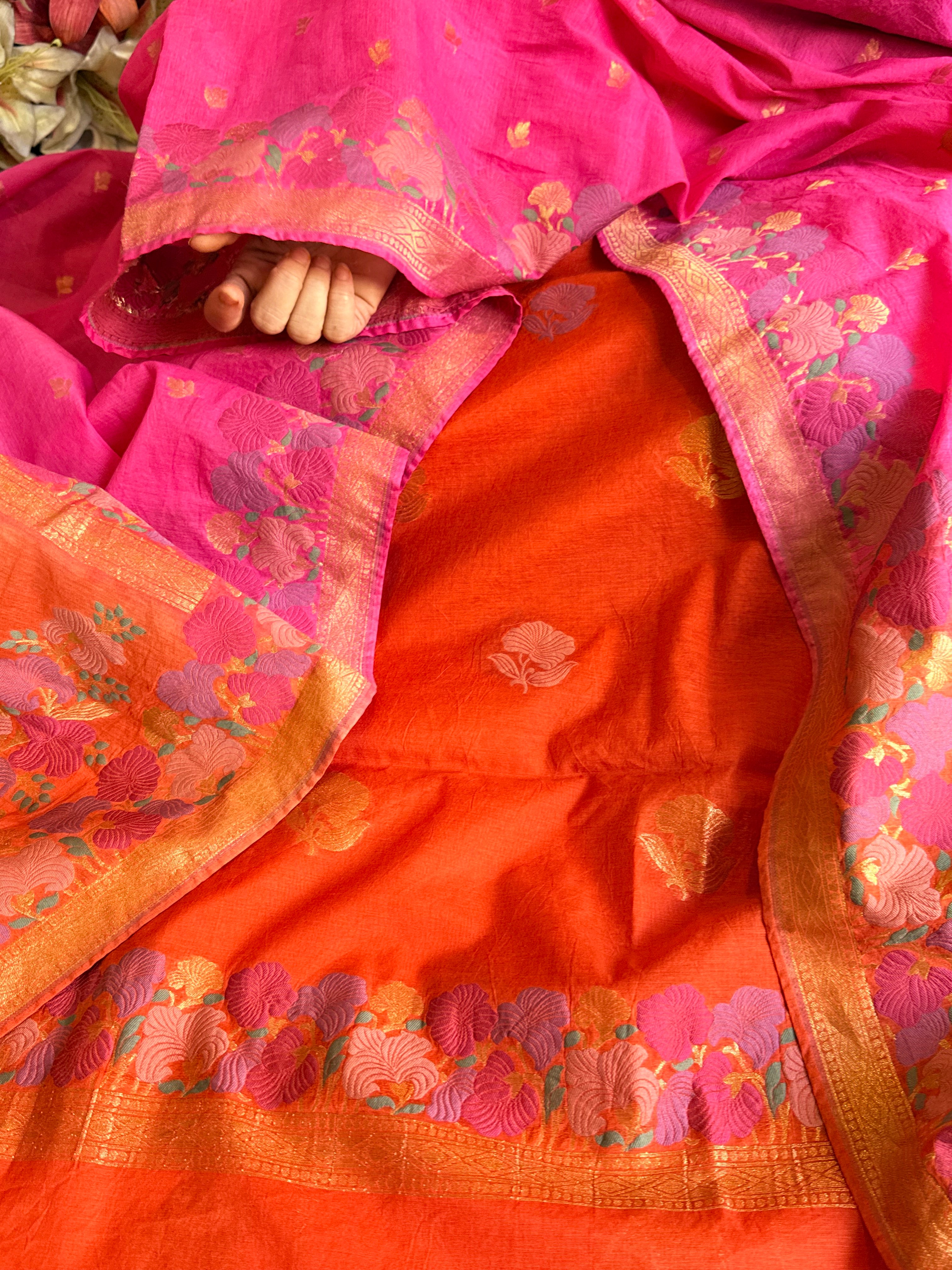 Mul cotton banarasi kadhwa buti hot pink - orange suit set