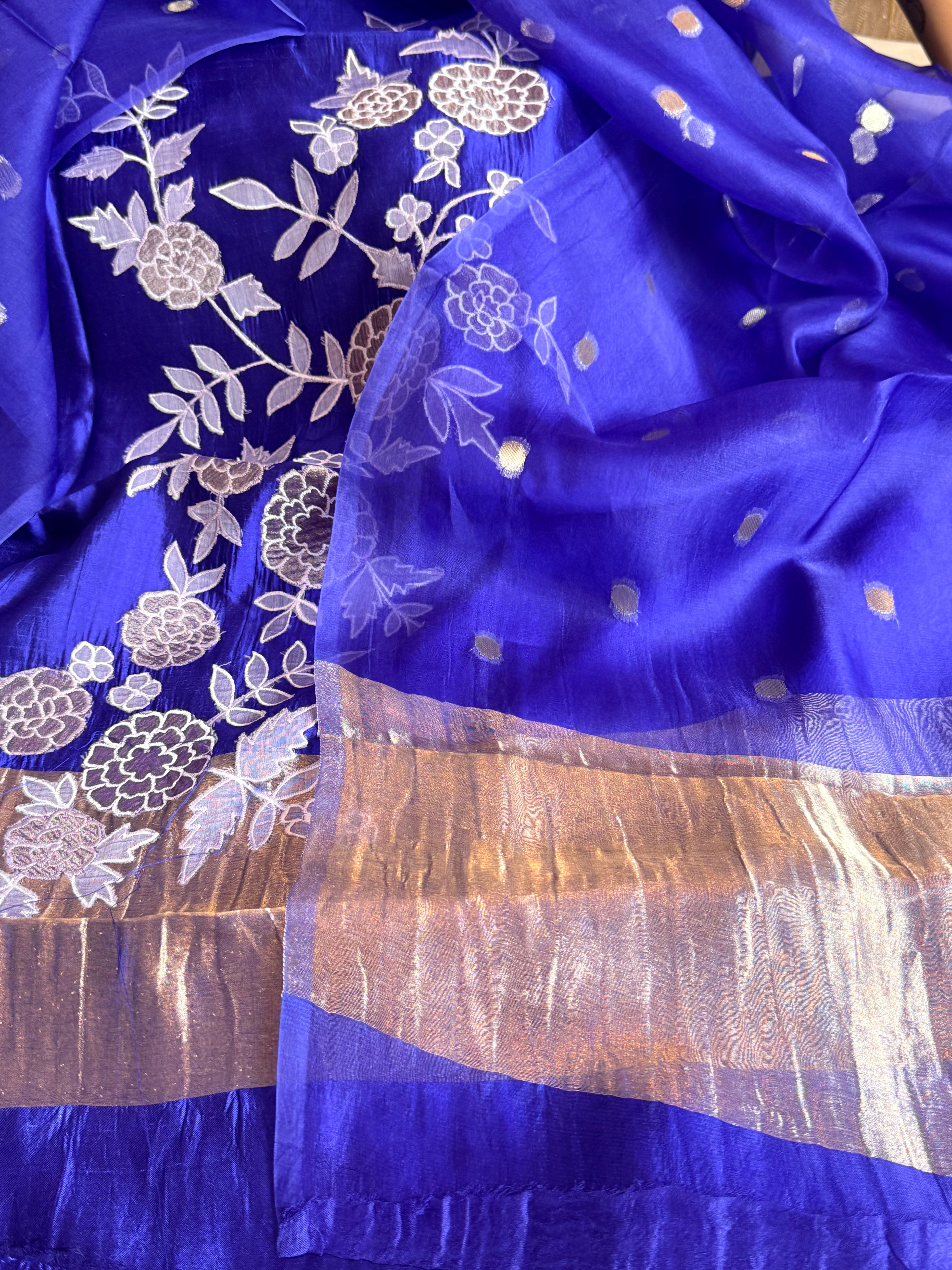 Mango tissue silk appliqué work suit set with kora tissue duppata