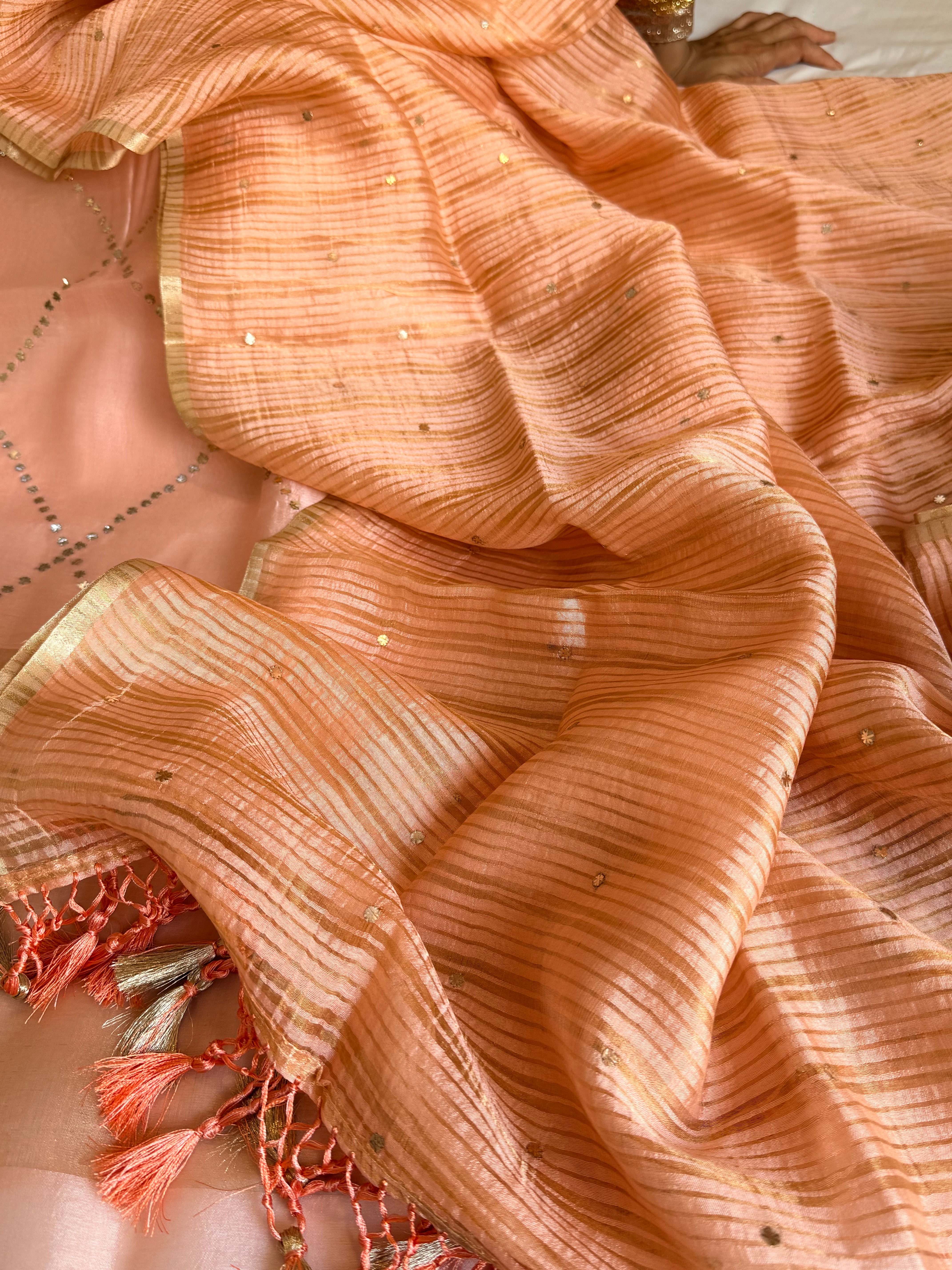 Summer suit edit - Spun chiniya silk mukaish work peach shade hand embroidered suit set