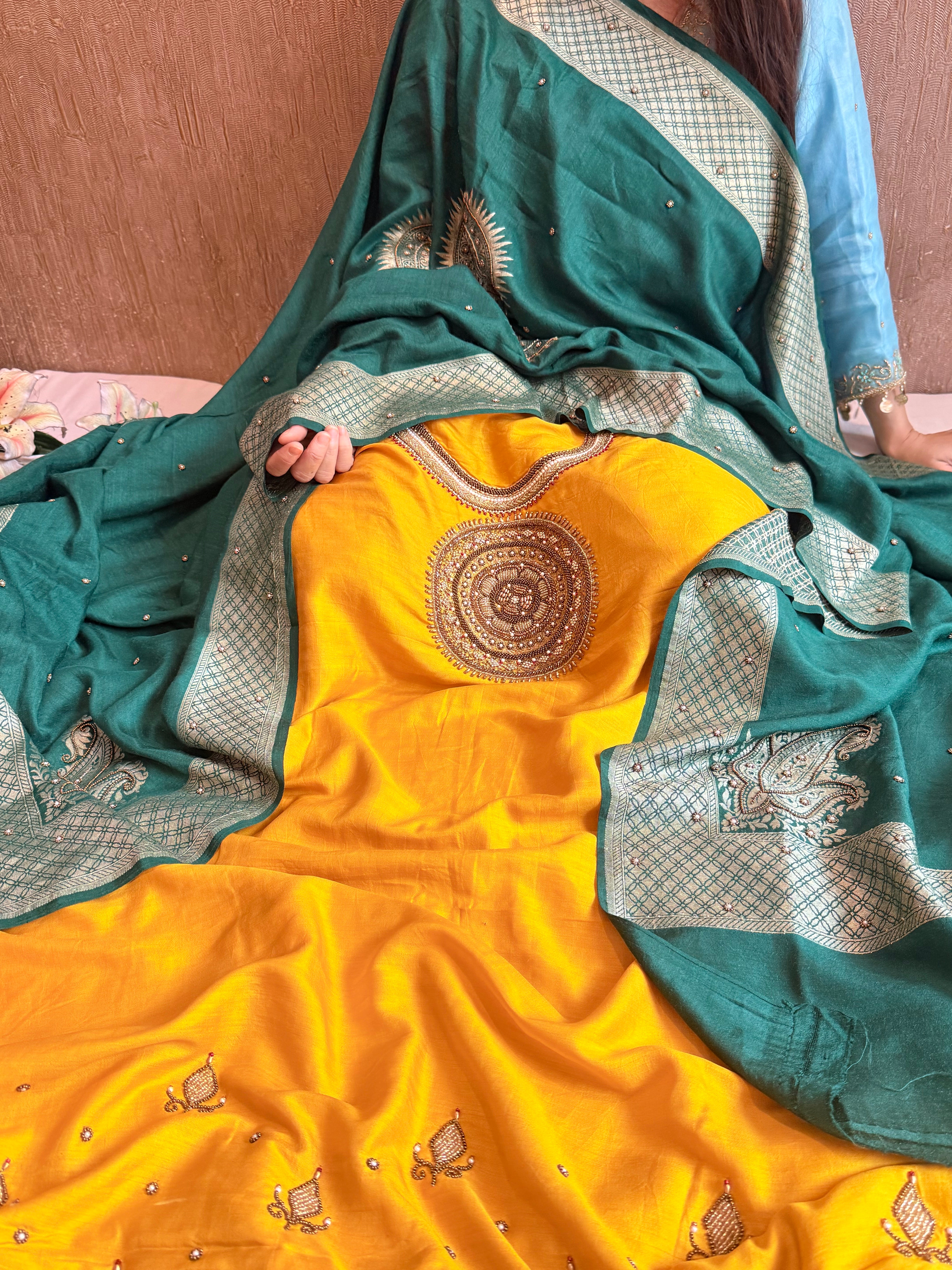 Haldi yellow - Bottle green spun chiniya silk hand embroidered mandala work suit set