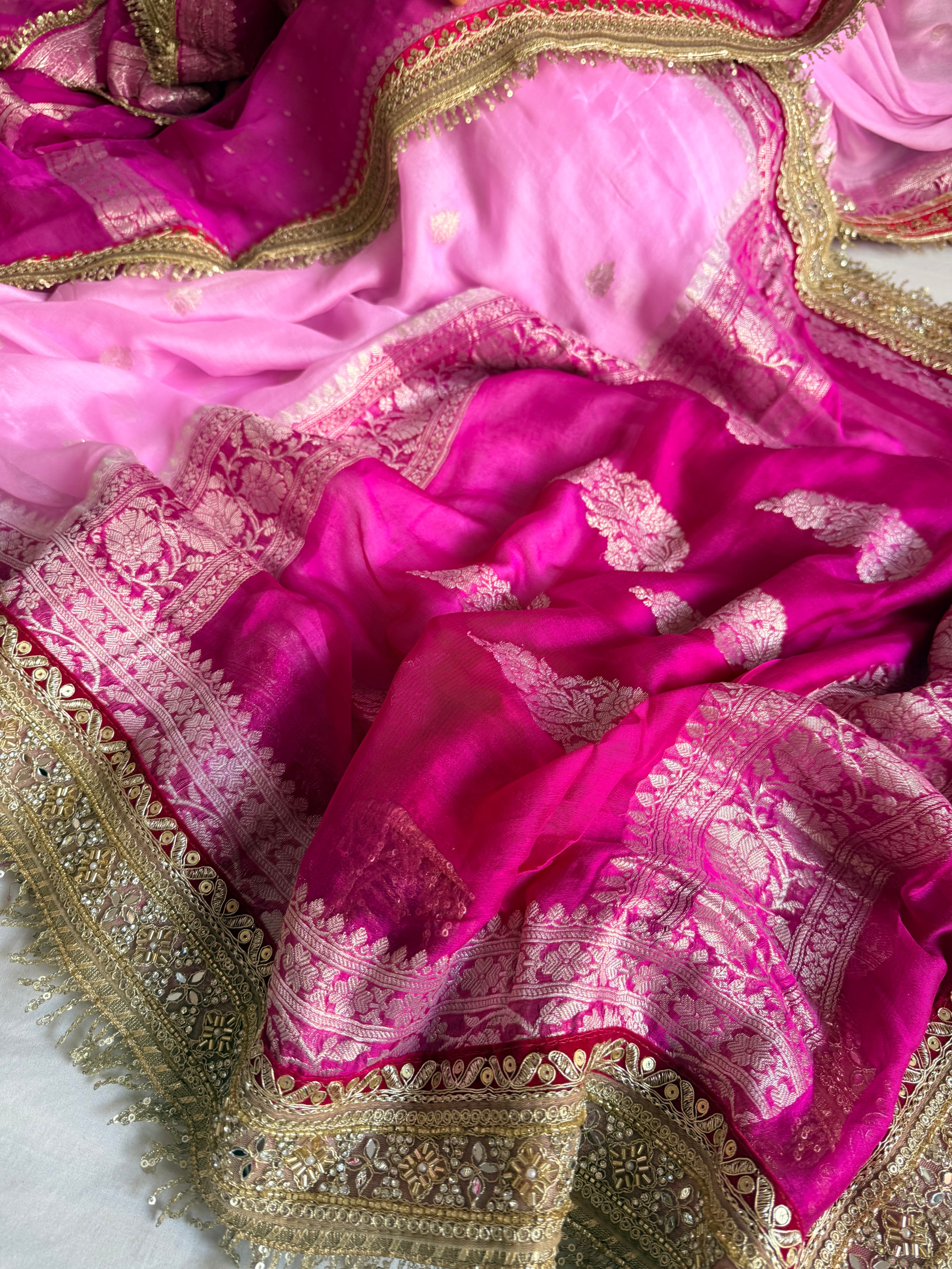 Sridevi edit - Chiffon banarasi gorgette chap dye kadhwa saree duppata set