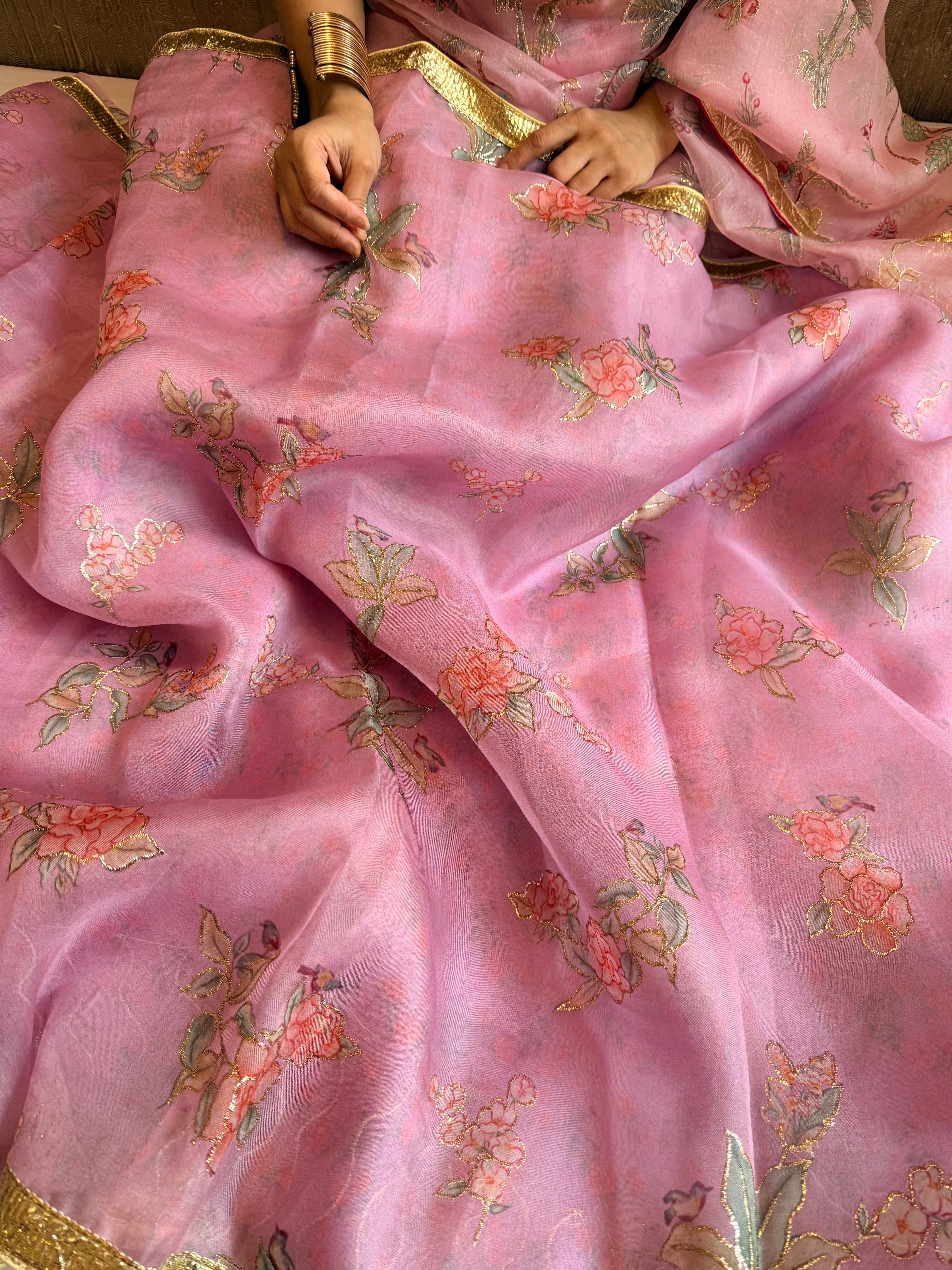 Kora silk printed lampi gotapatti hand embroidered saree