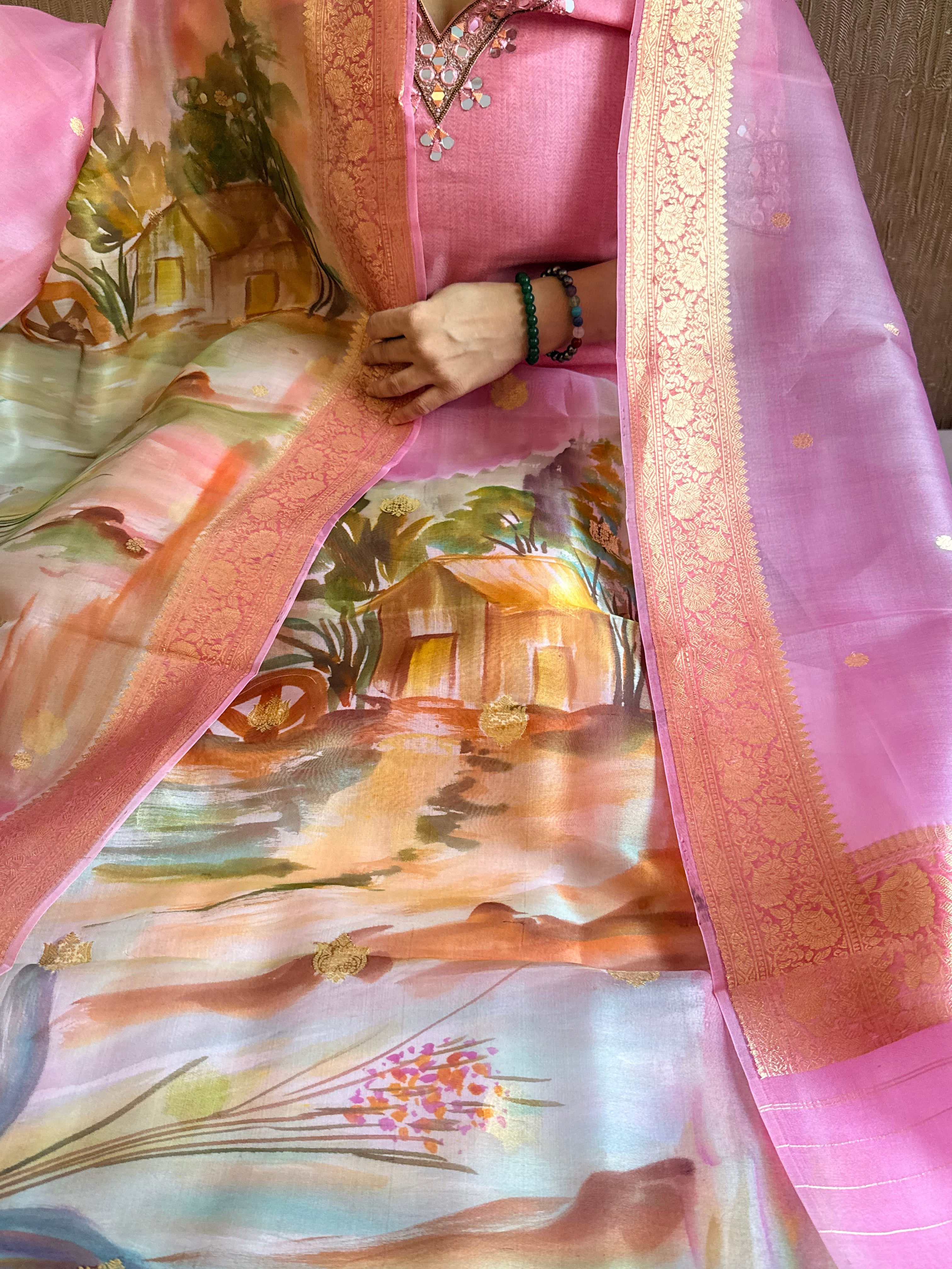 Banarasi kora silk handpainted ghatwork kadhwa buti rainbow dye suits