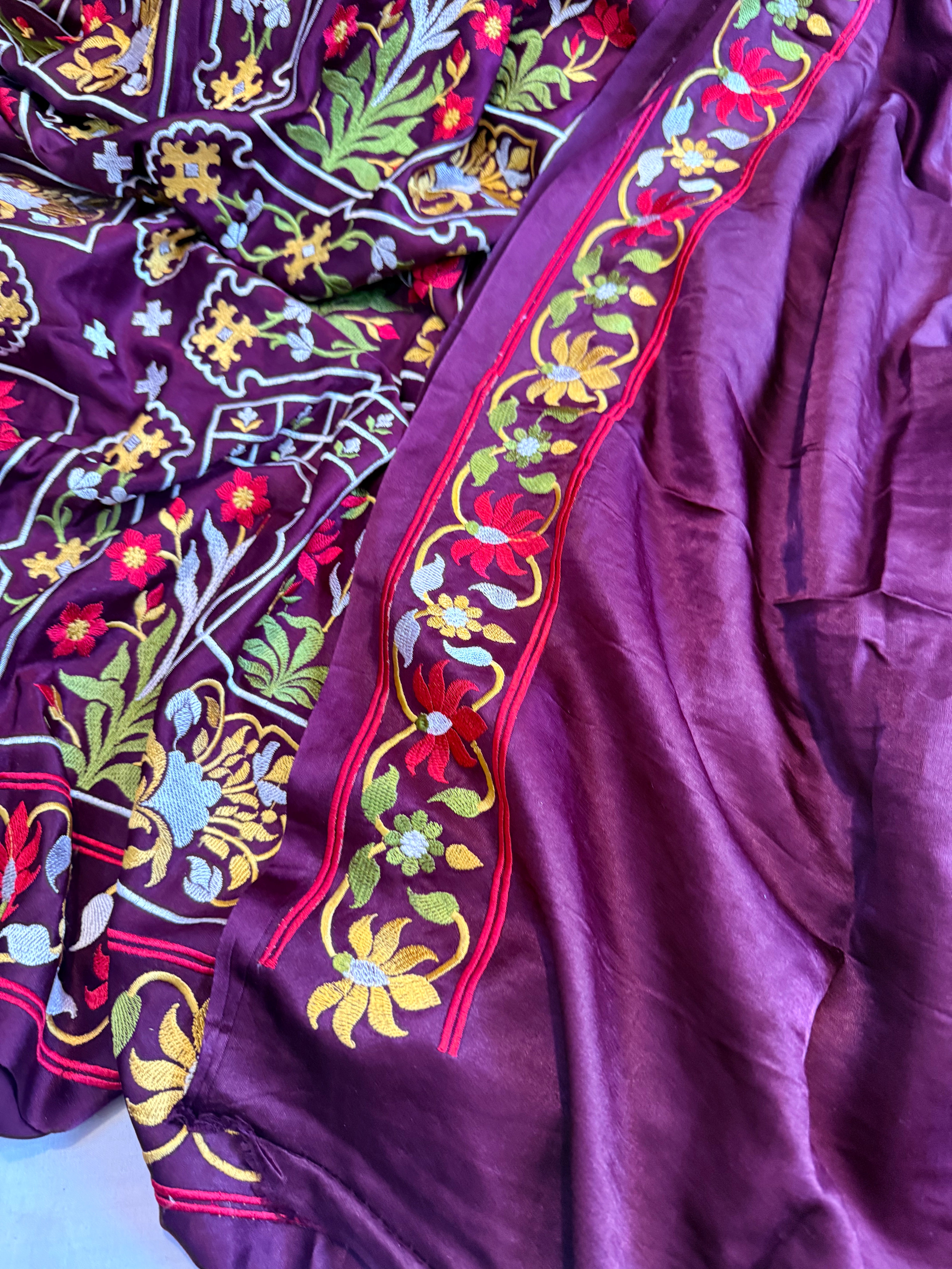 Jamdani hand embroidered wine mashru silk thread embroidered saree