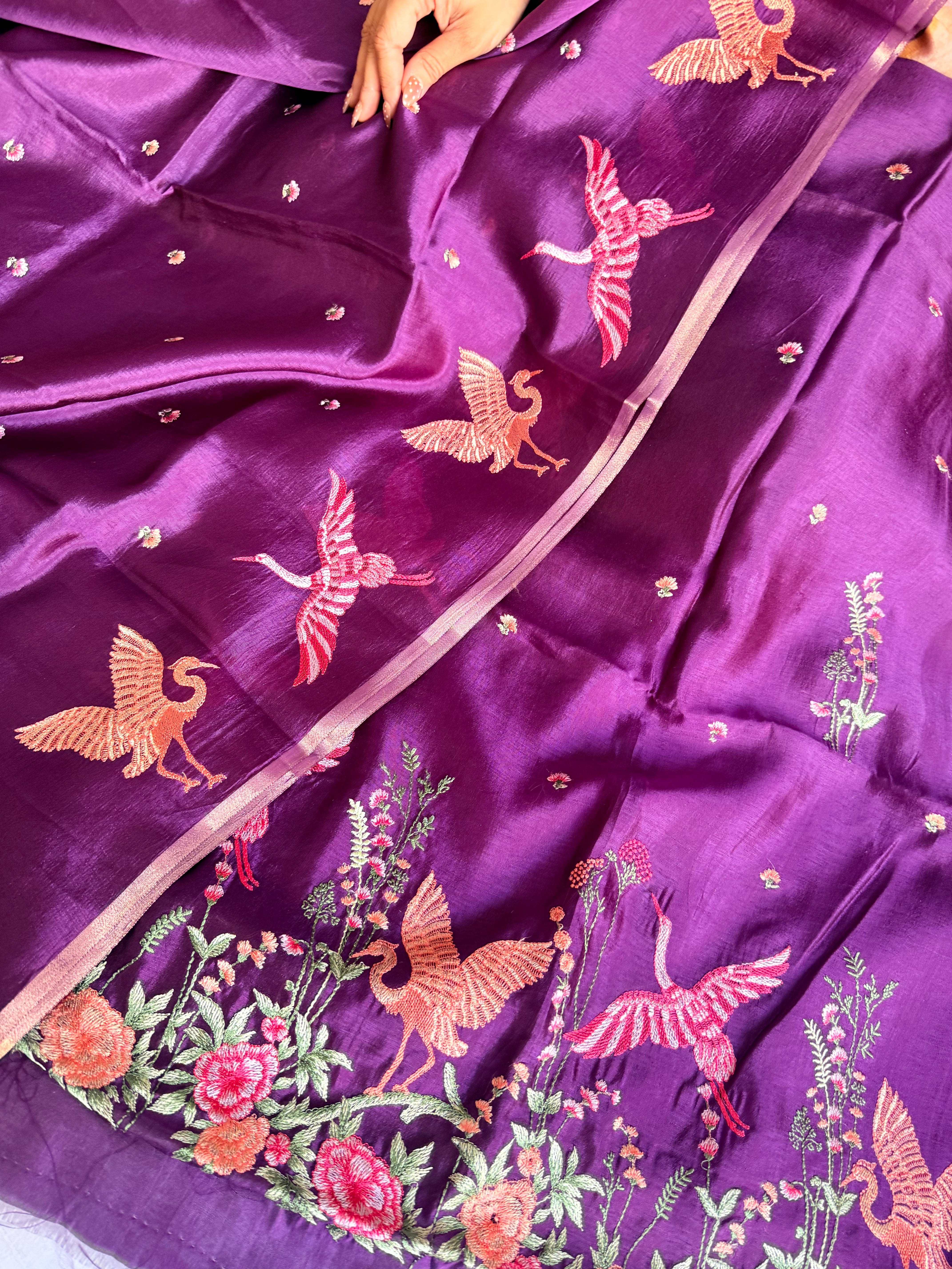 Suits under 10k - Spun chiniya silk parsi gara hand embroidered suit set