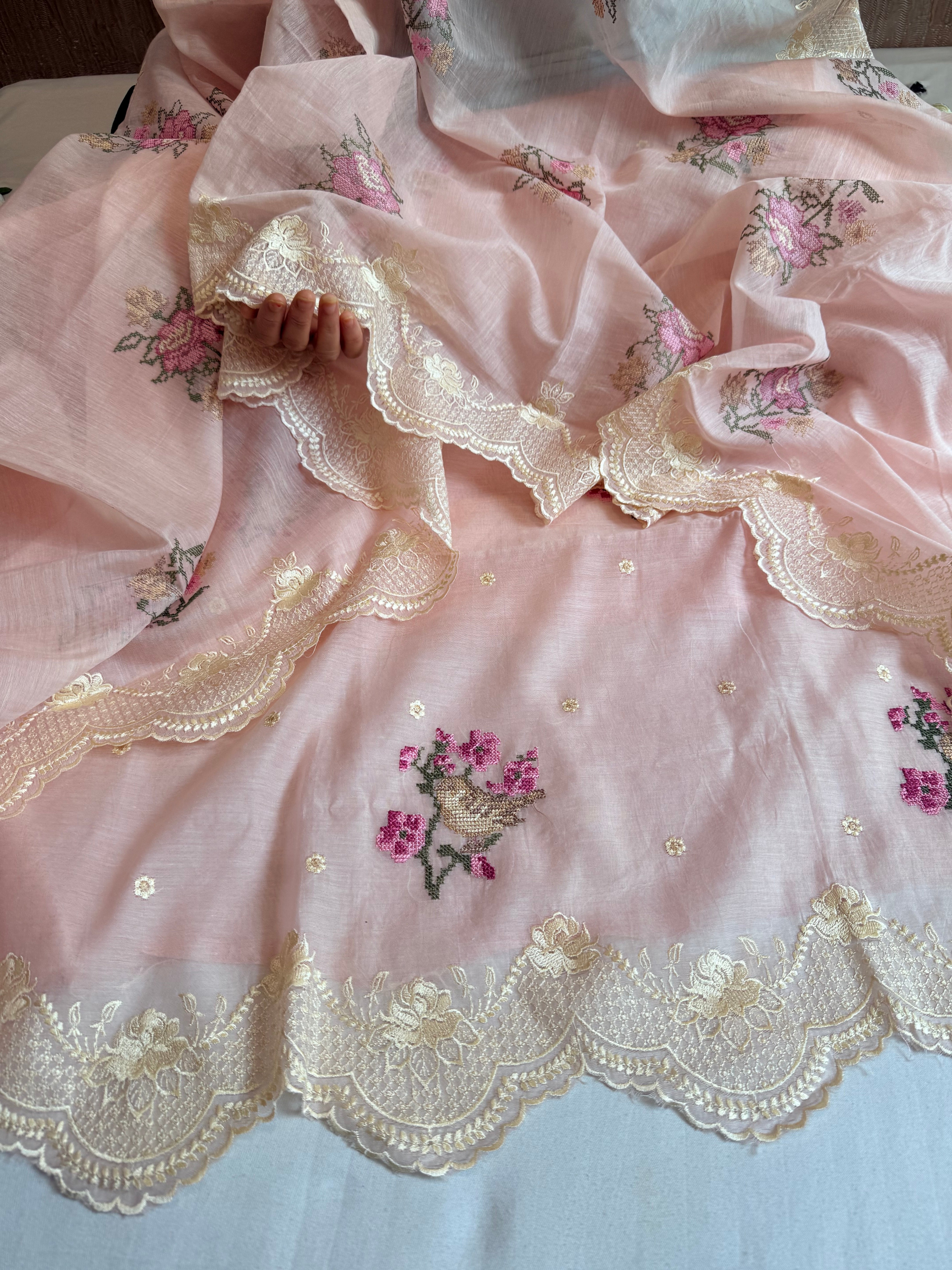 Blush pink cross-stitch hand embroidered resham work suit set