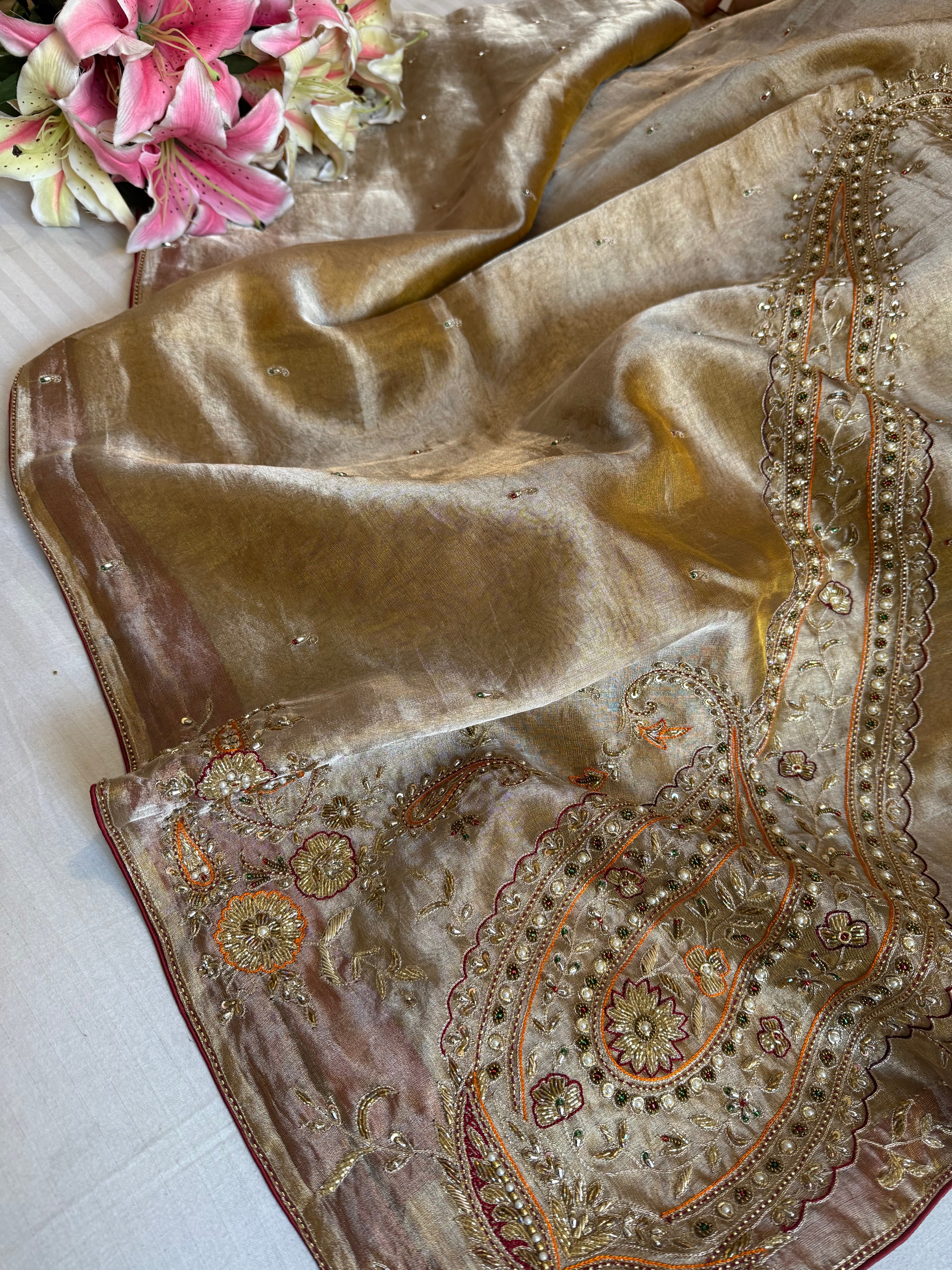Pakeezah edit 2.0 - Molten gold zardozi hand embroidered tissue silk kadhwa saree