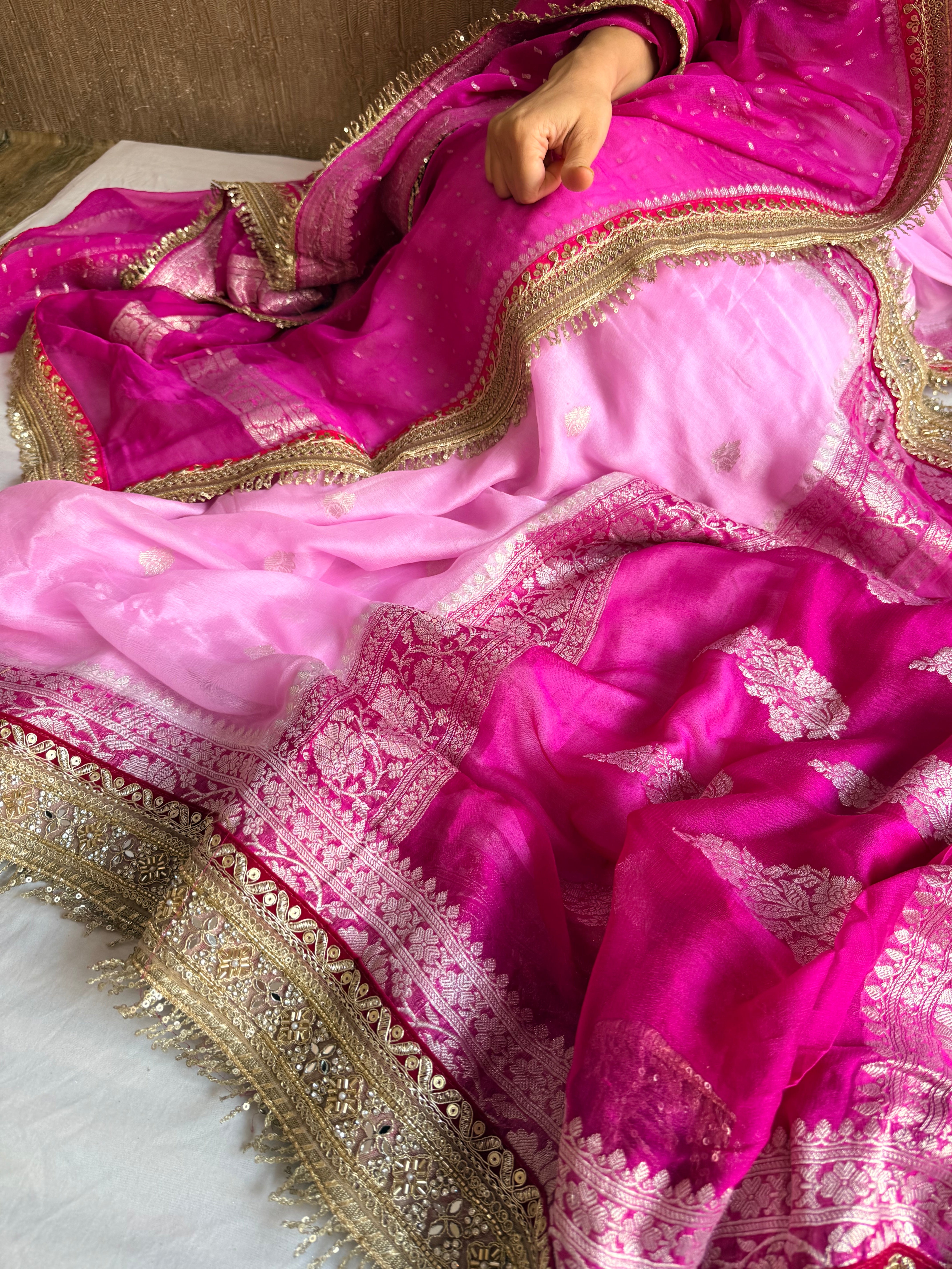 Sridevi edit - Chiffon banarasi gorgette chap dye kadhwa saree duppata set