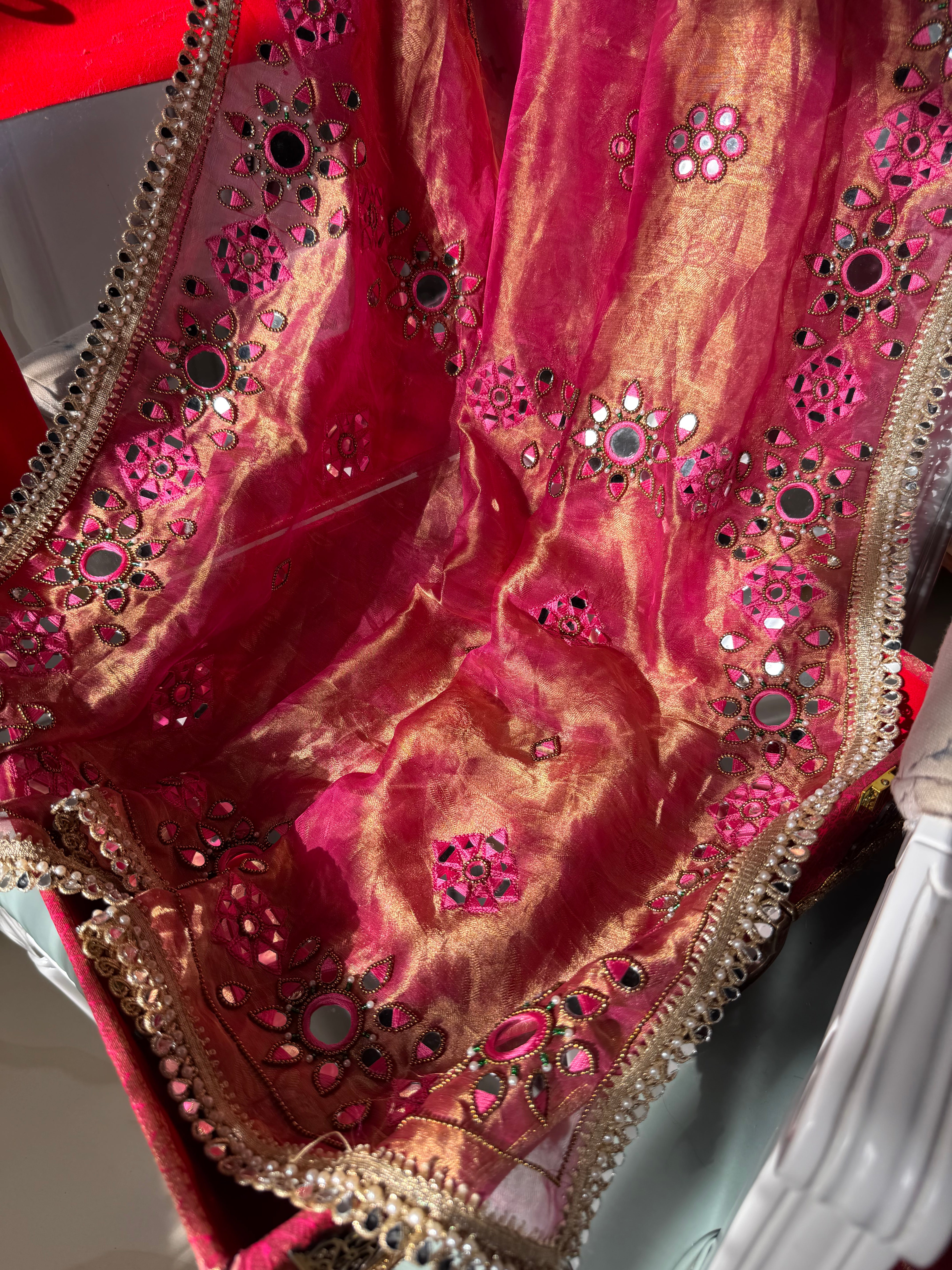 Desi barbie pink tissue tanchoi mirrorwork banarasi kadhwa saree