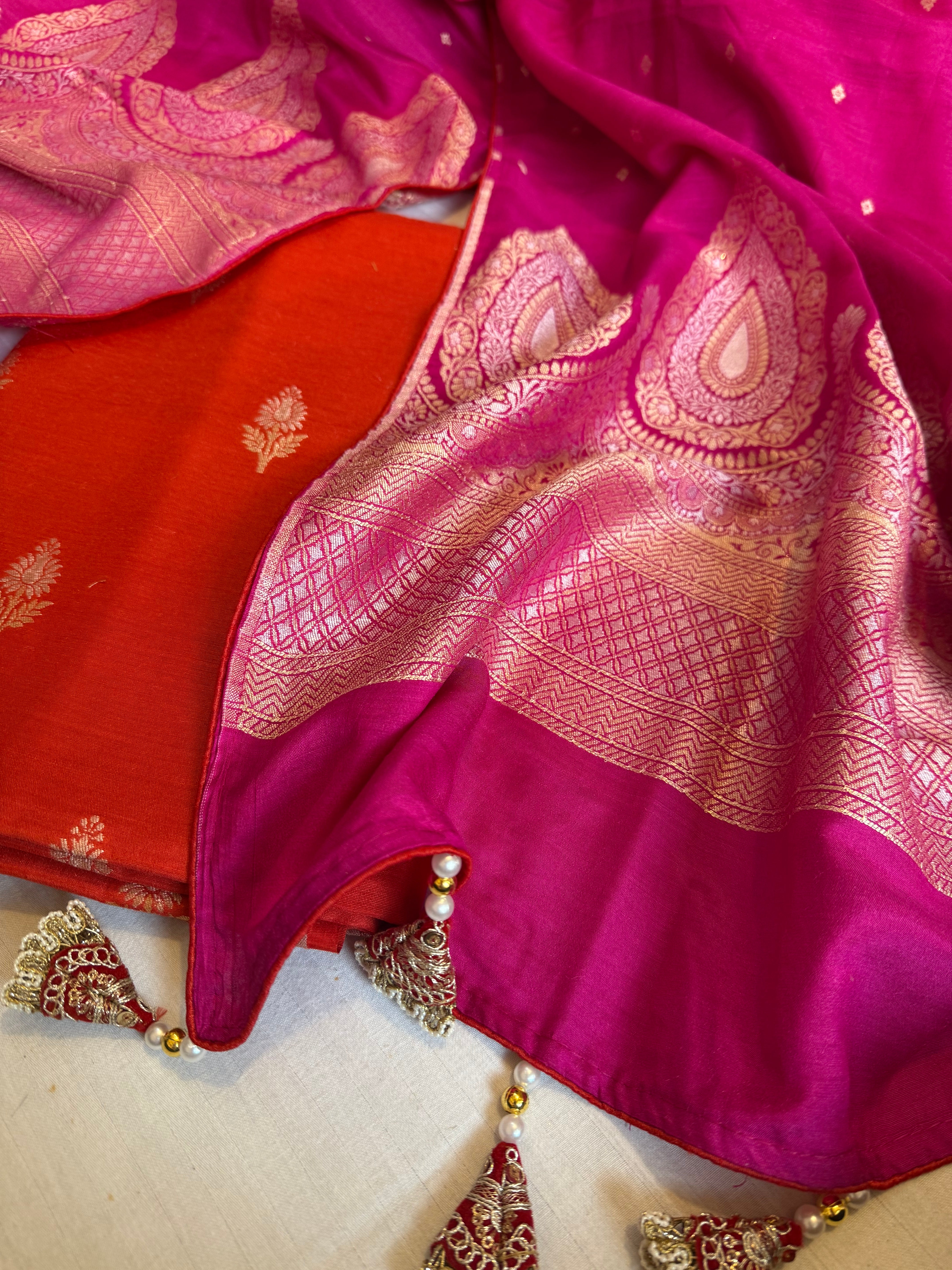 Moonga silk fanta orange - hot pink kadhwa suit set with latkans