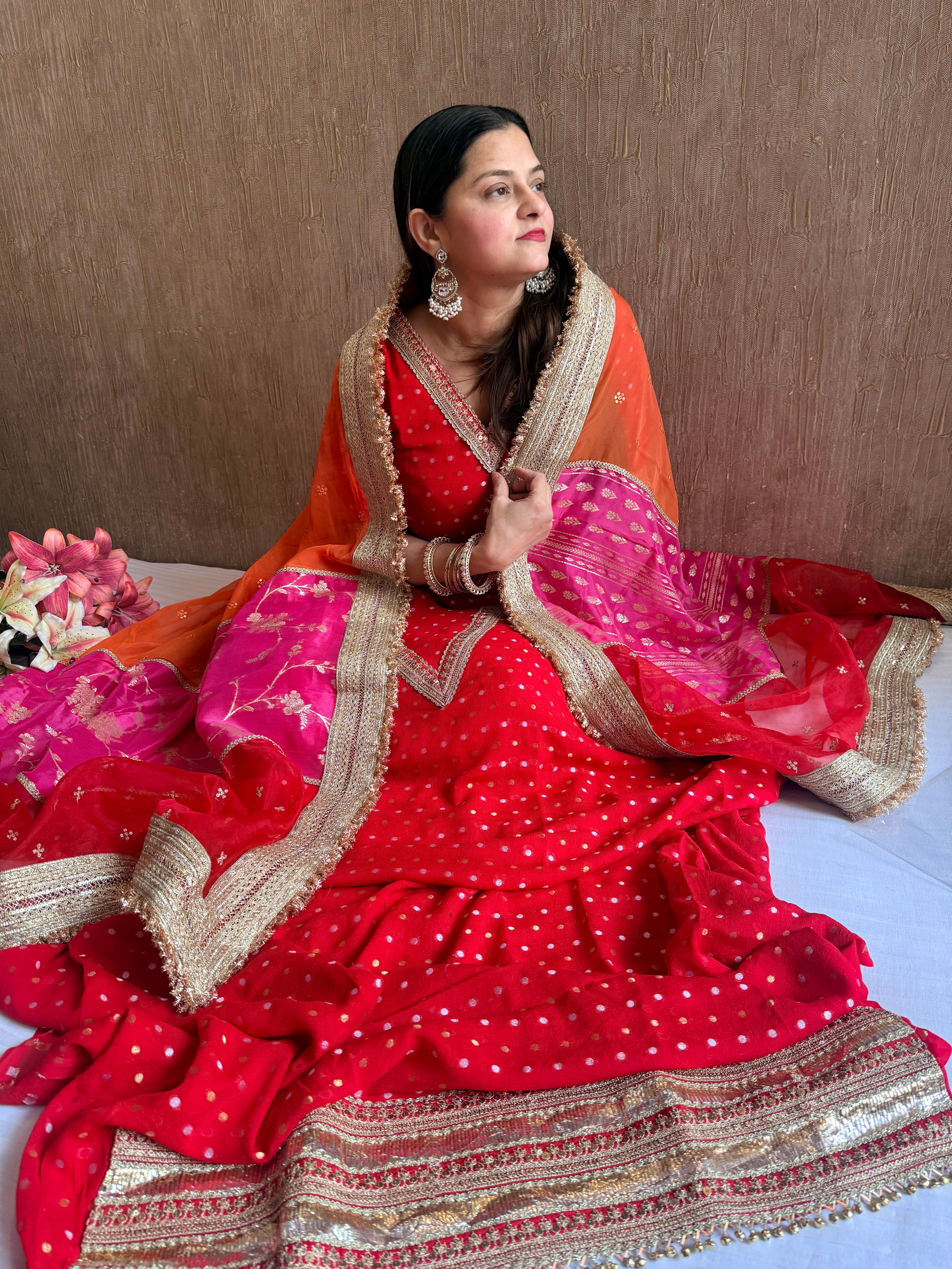 Teej & Karwachauth edit blood red chiffon gorgette hand embroidered multicolour duppata set