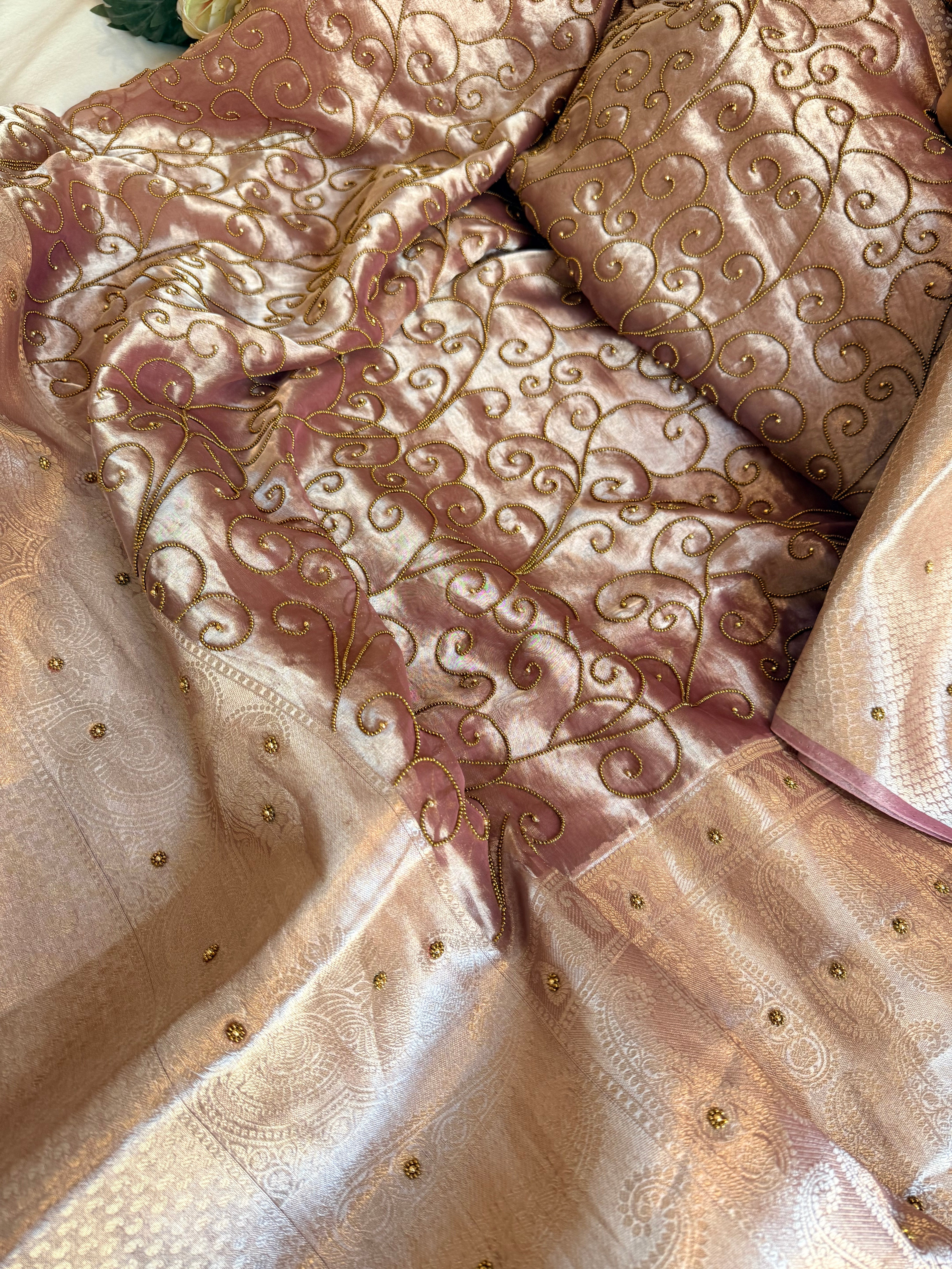 Rose gold tissue silk hand embroidered kadhwa saree with heavy blouse