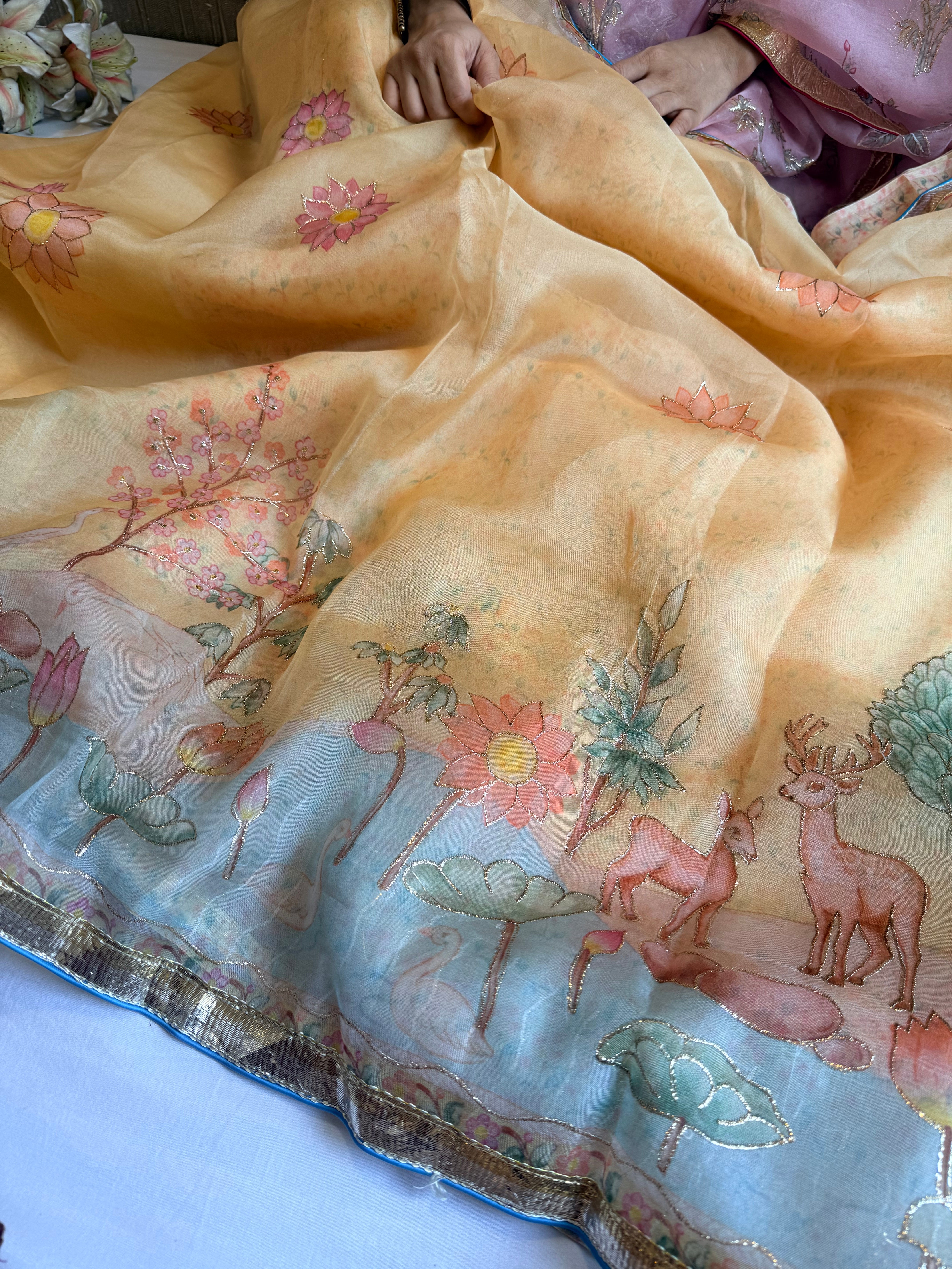 Kora silk printed lampi gotapatti hand embroidered saree
