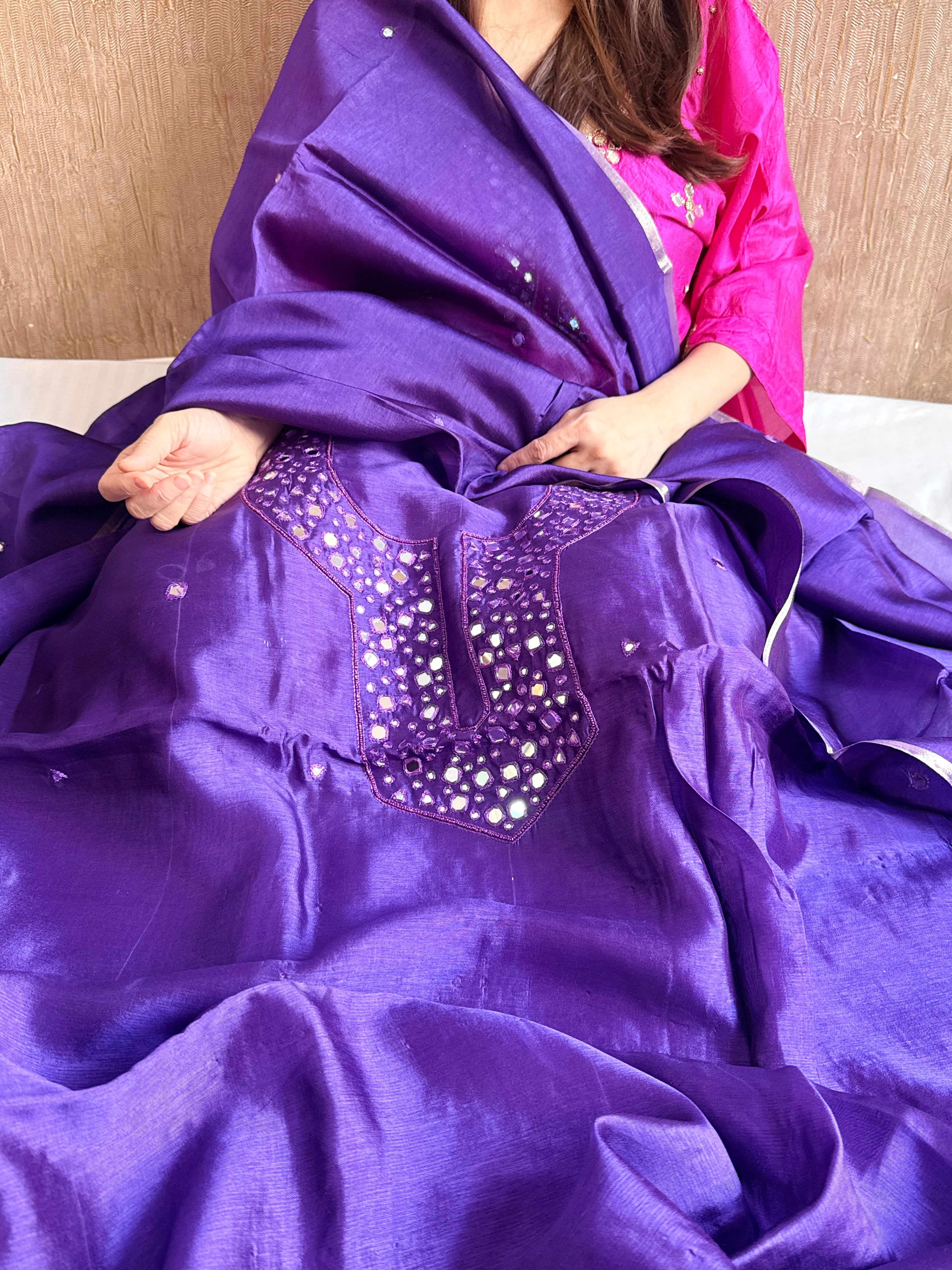 Spun chiniya silk mirror work hand embroidered banarasi suit set
