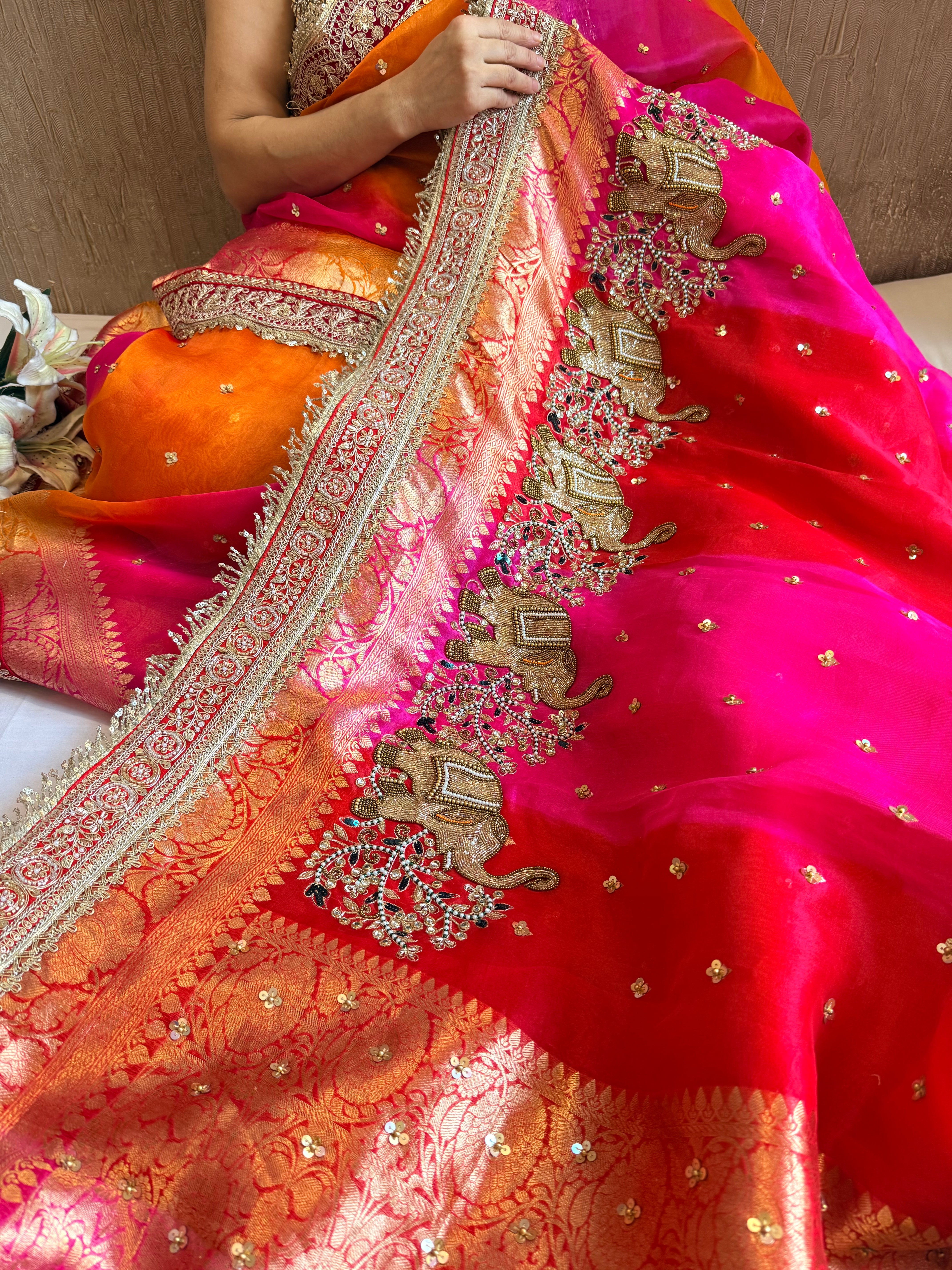 Red-Rani ombre shaded kora silk chunri buti hand embroidered saree