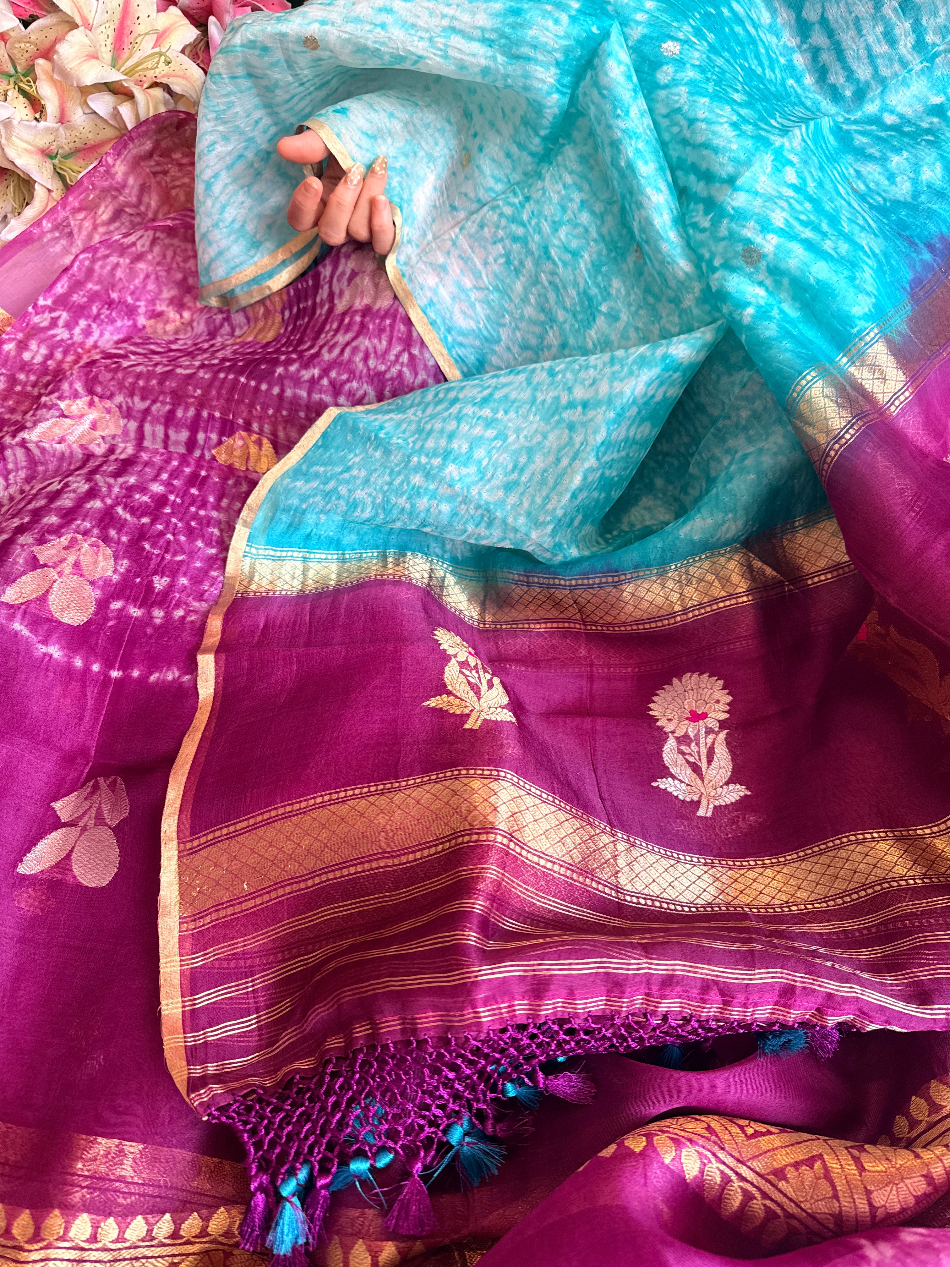 Banarasi kora silk shibori dyed kadhwa buti meenakari suit set