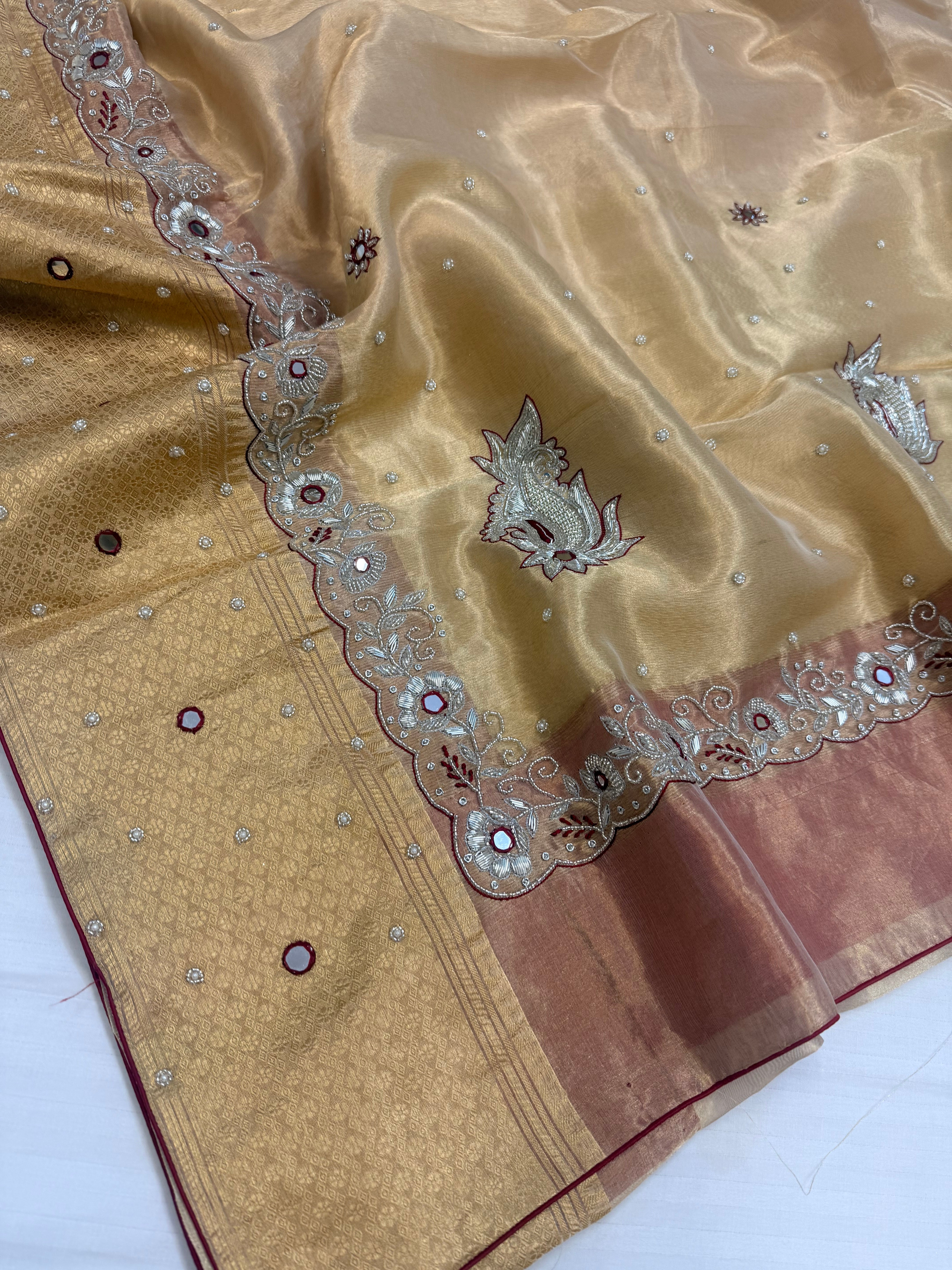 Soft gold husn tissue silk meenakari hand embroidered kadhwa saree