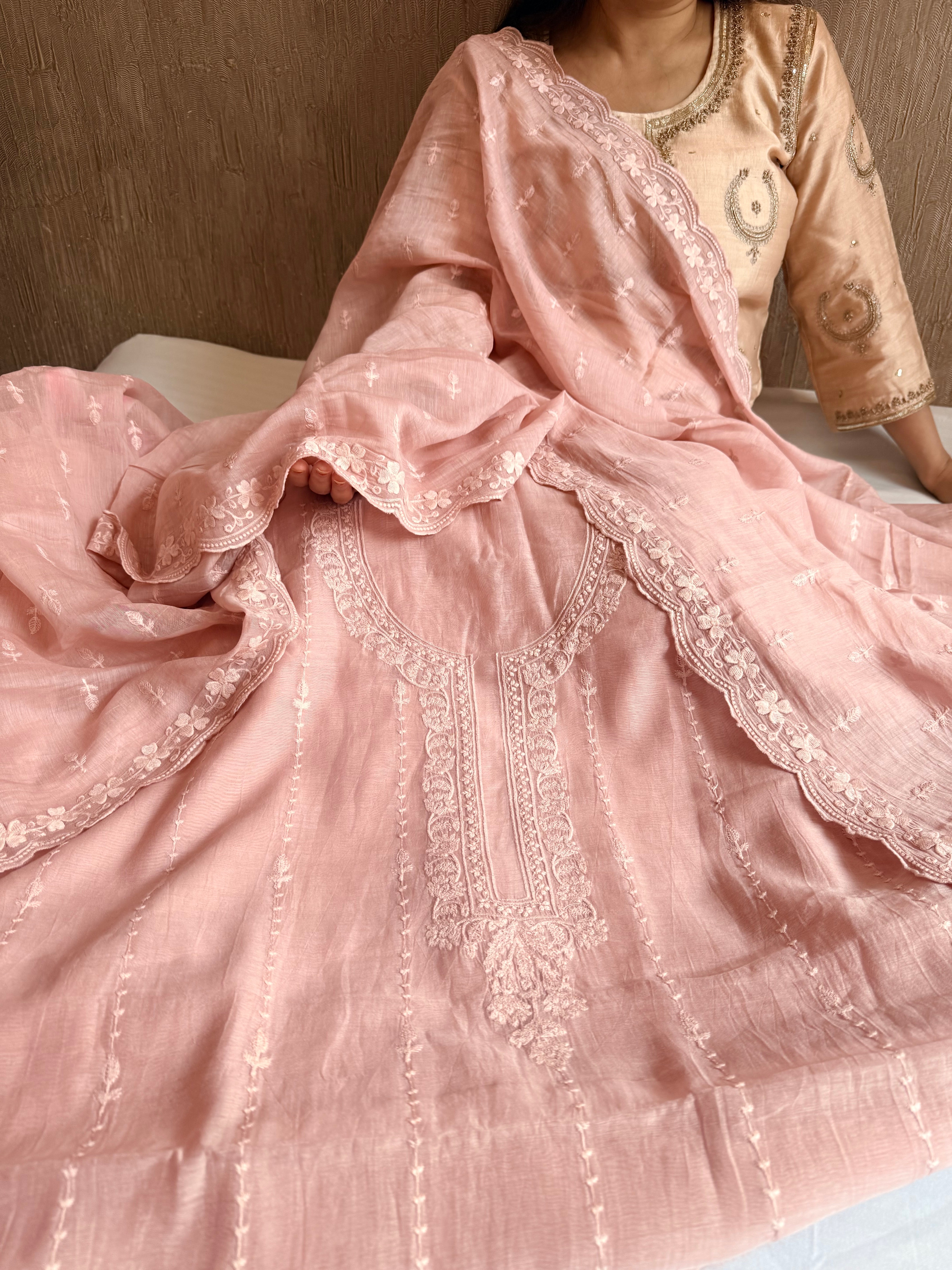 Dusty peach mul cotton thread hand embroidered suit set