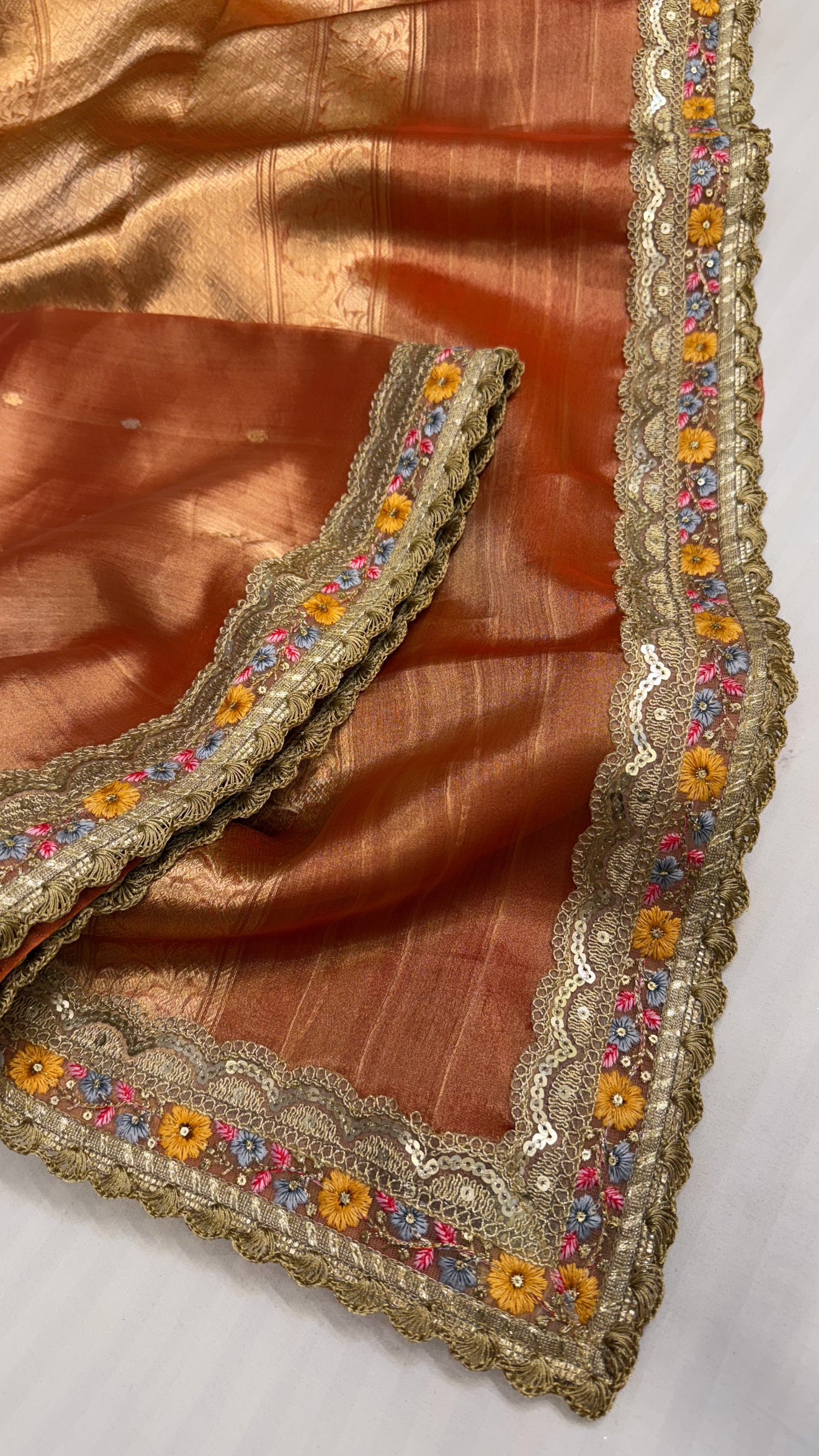 Maharani tangerine red tissue silk saree