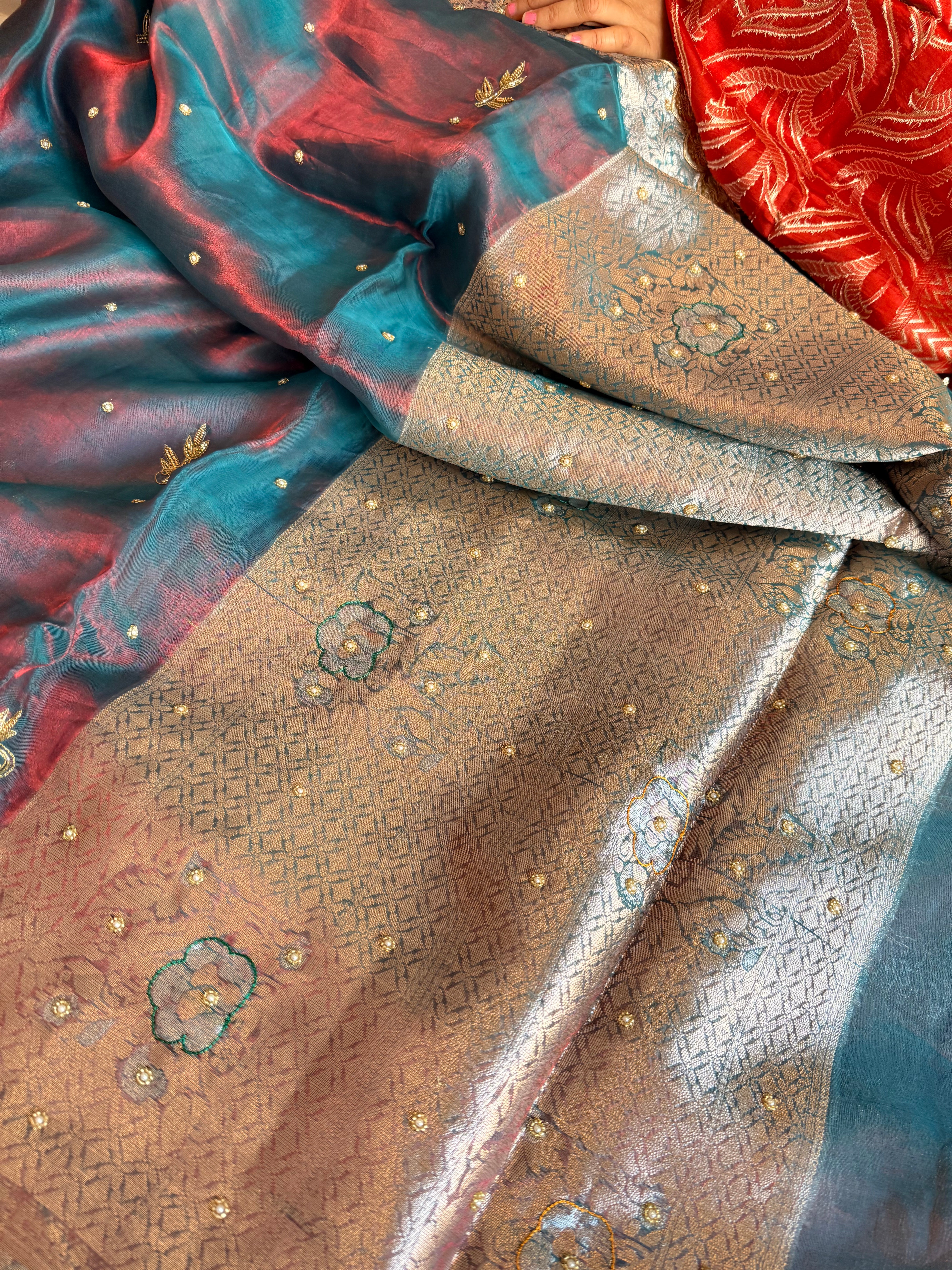 Morpankh motif husn dhup chao effect tissue silk hand embroidered kadhwa saree