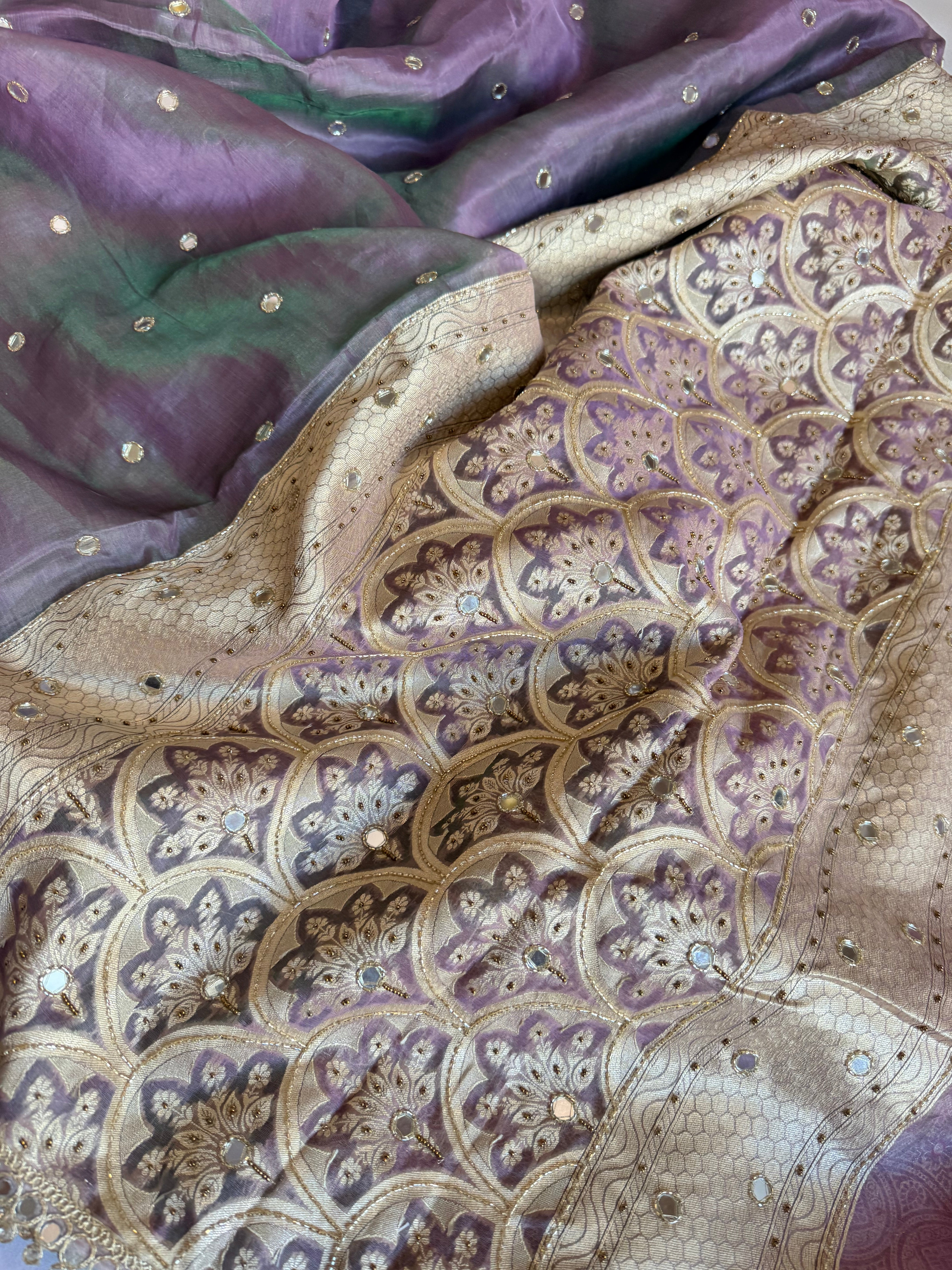 Dhup chao effect tissue silk mirrorwork hand embroidered Paithani pallu kadhwa saree