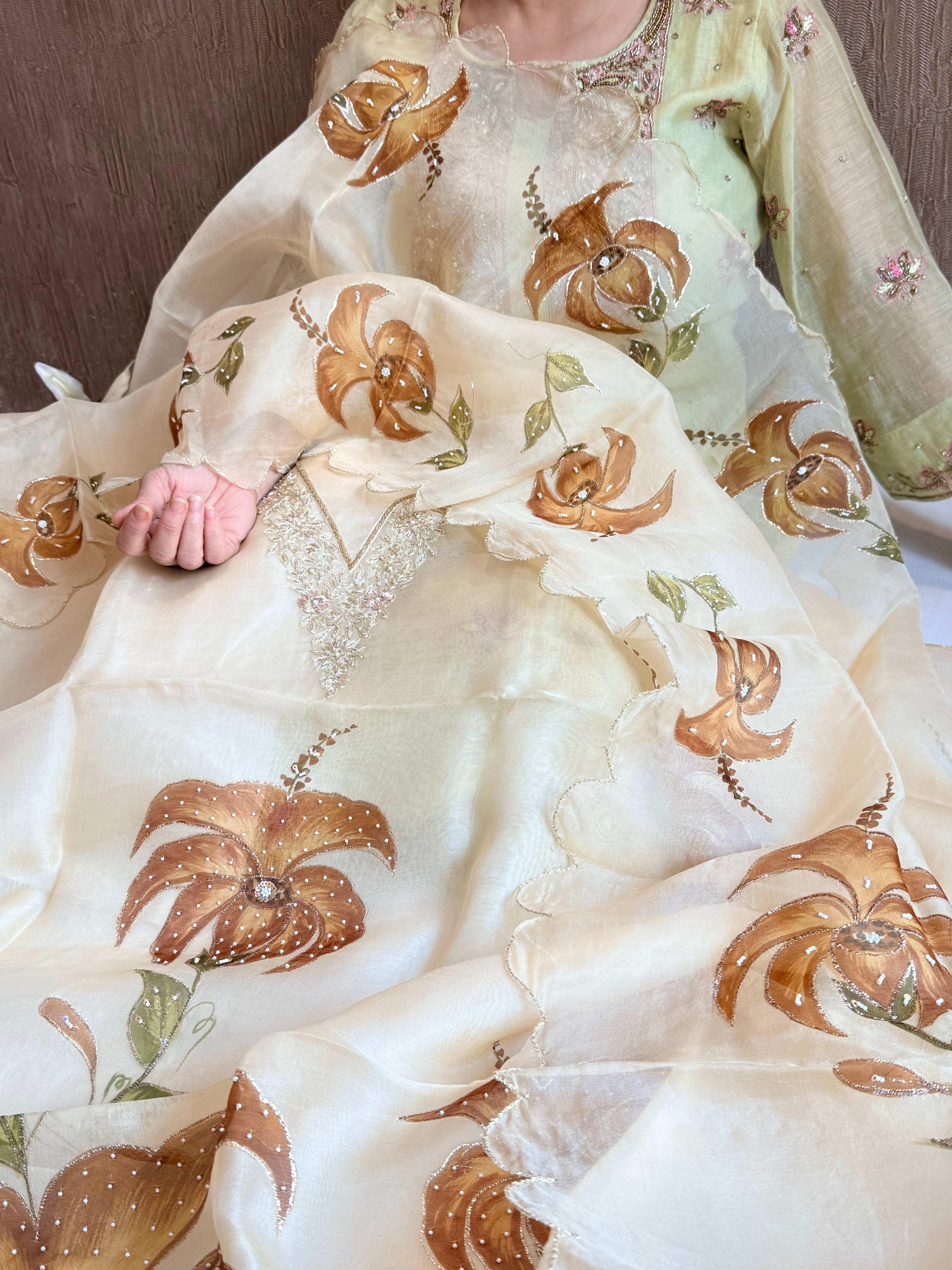 Banarasi Kora silk hand embroidered floral printed suit set