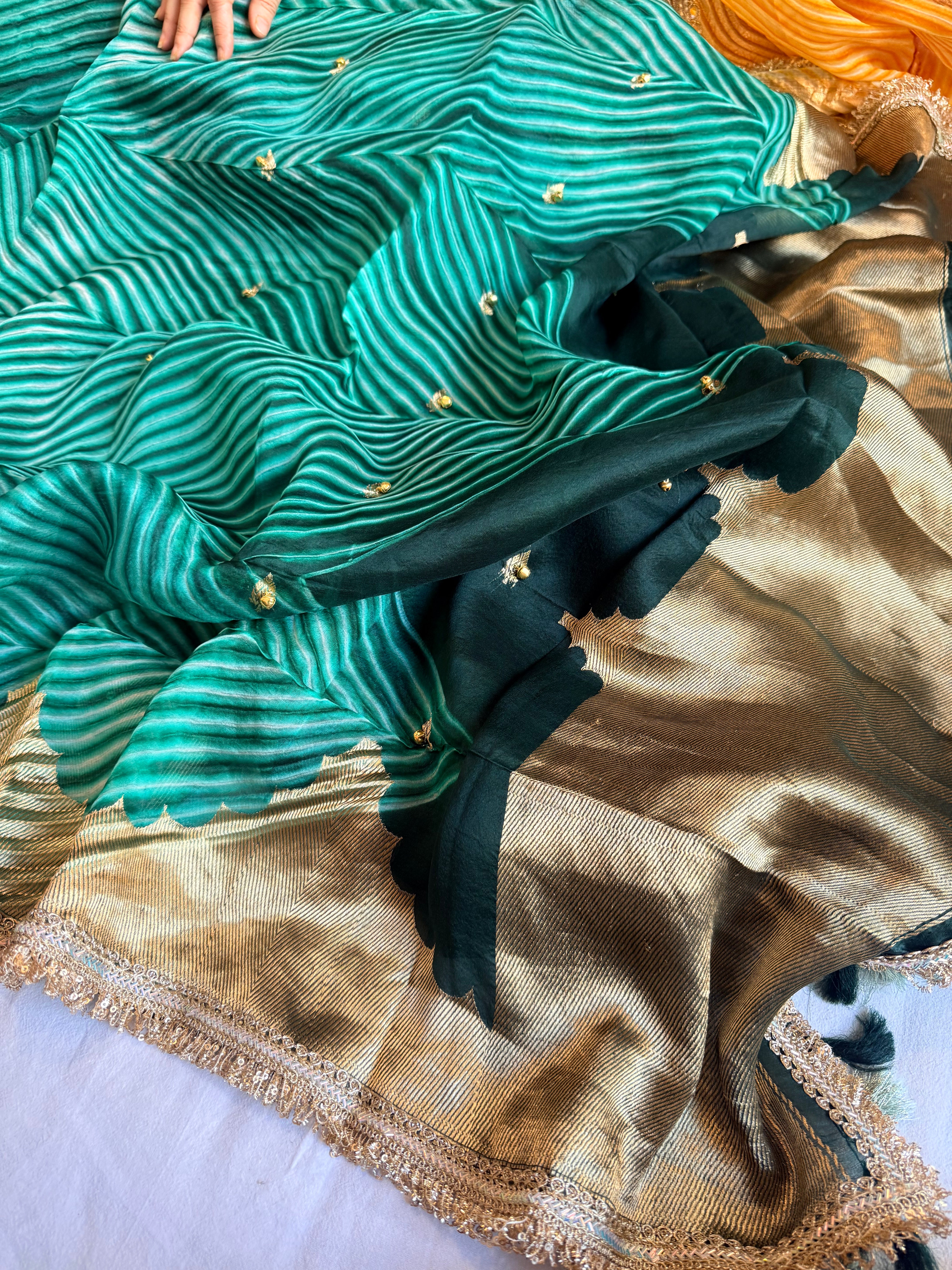 Bottle green banarasi kora silk arshi dyed kadhwa saree