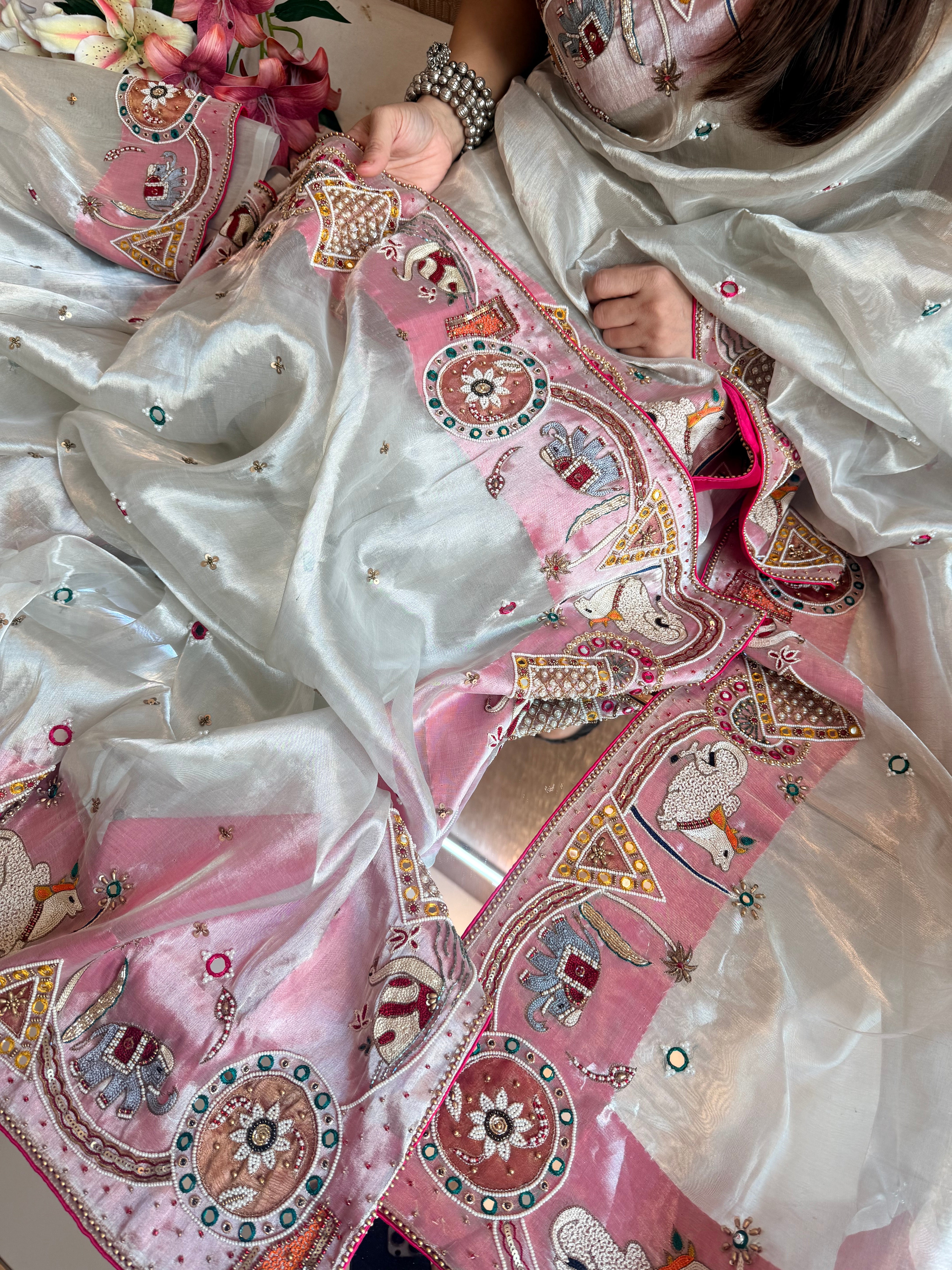 Sufi night saree - Diamond tissue silk kutchi meenakari work hand embroidered saree