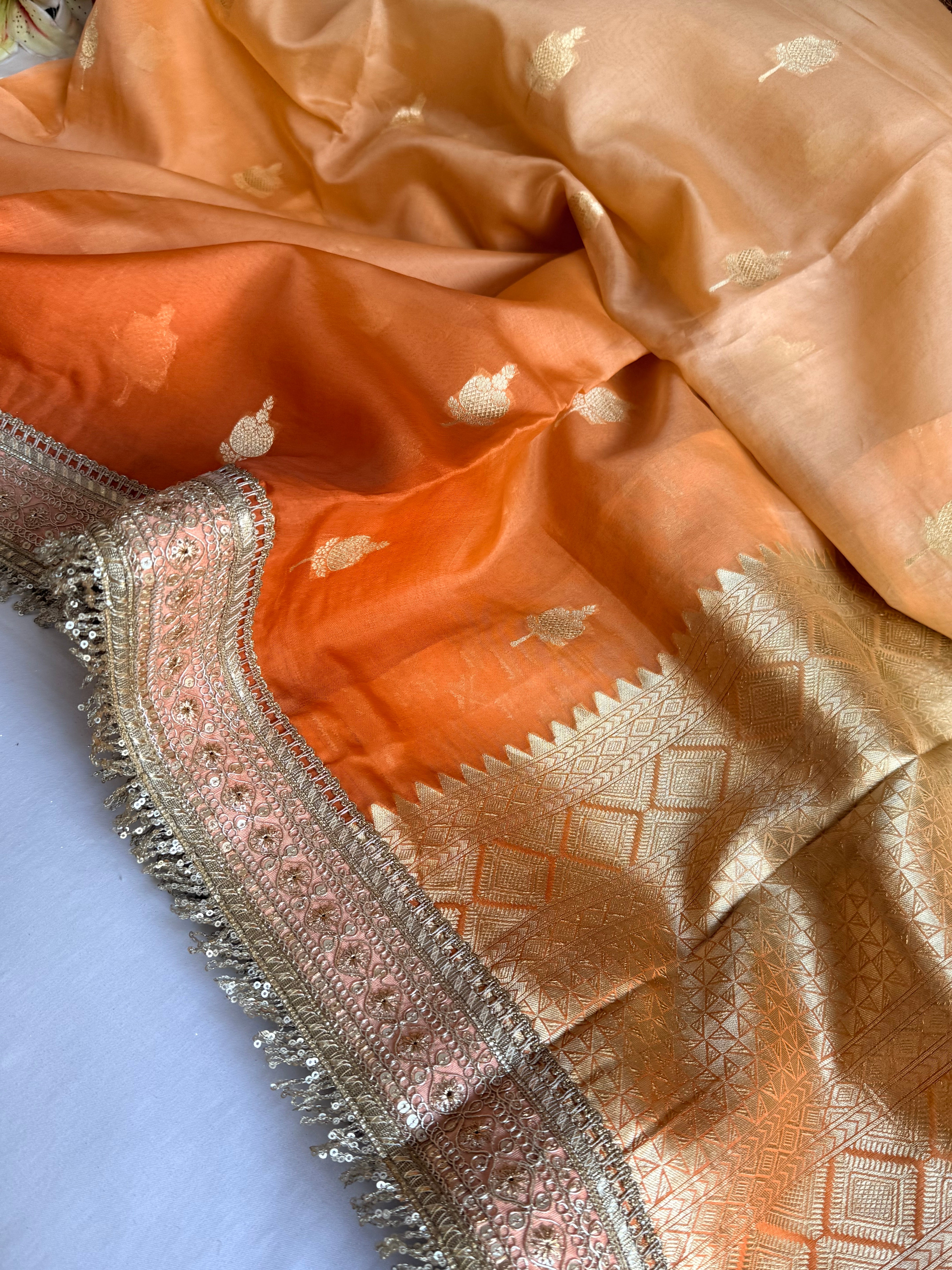 Banarasi leela ombre orange kora silk kadhwa saree