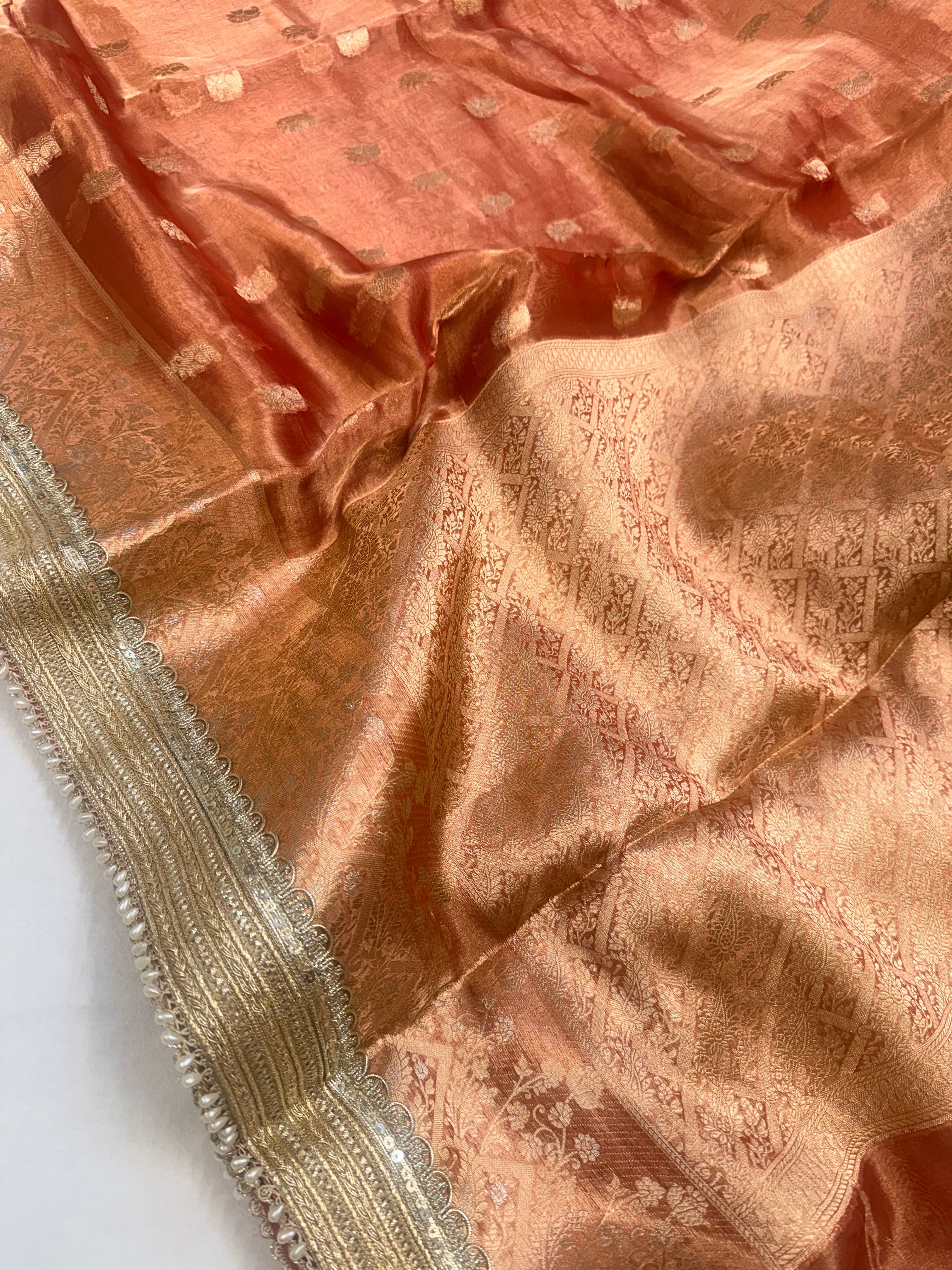 Rust red tissue silk kadhwa buti gotapatti saree