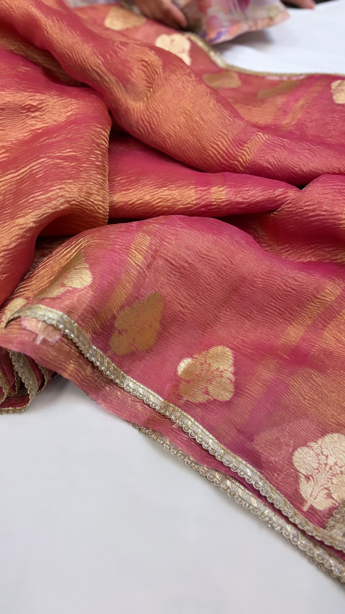 Pure banarasi cherry crushed tissue silk kadhwa saree with gotapatti border