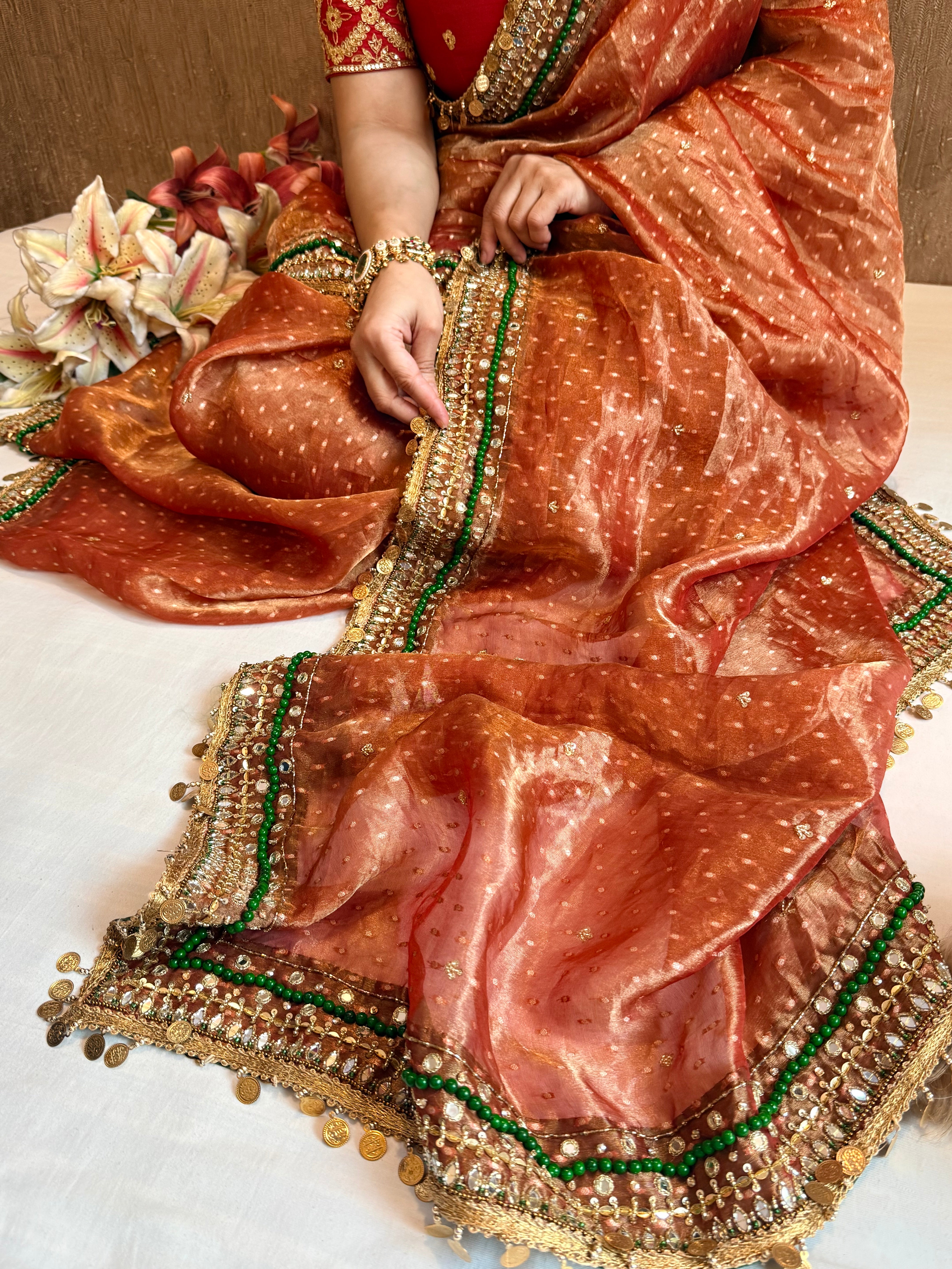 Heera & Panna tissue silk chunri buti hand embroidered kadhwa saree