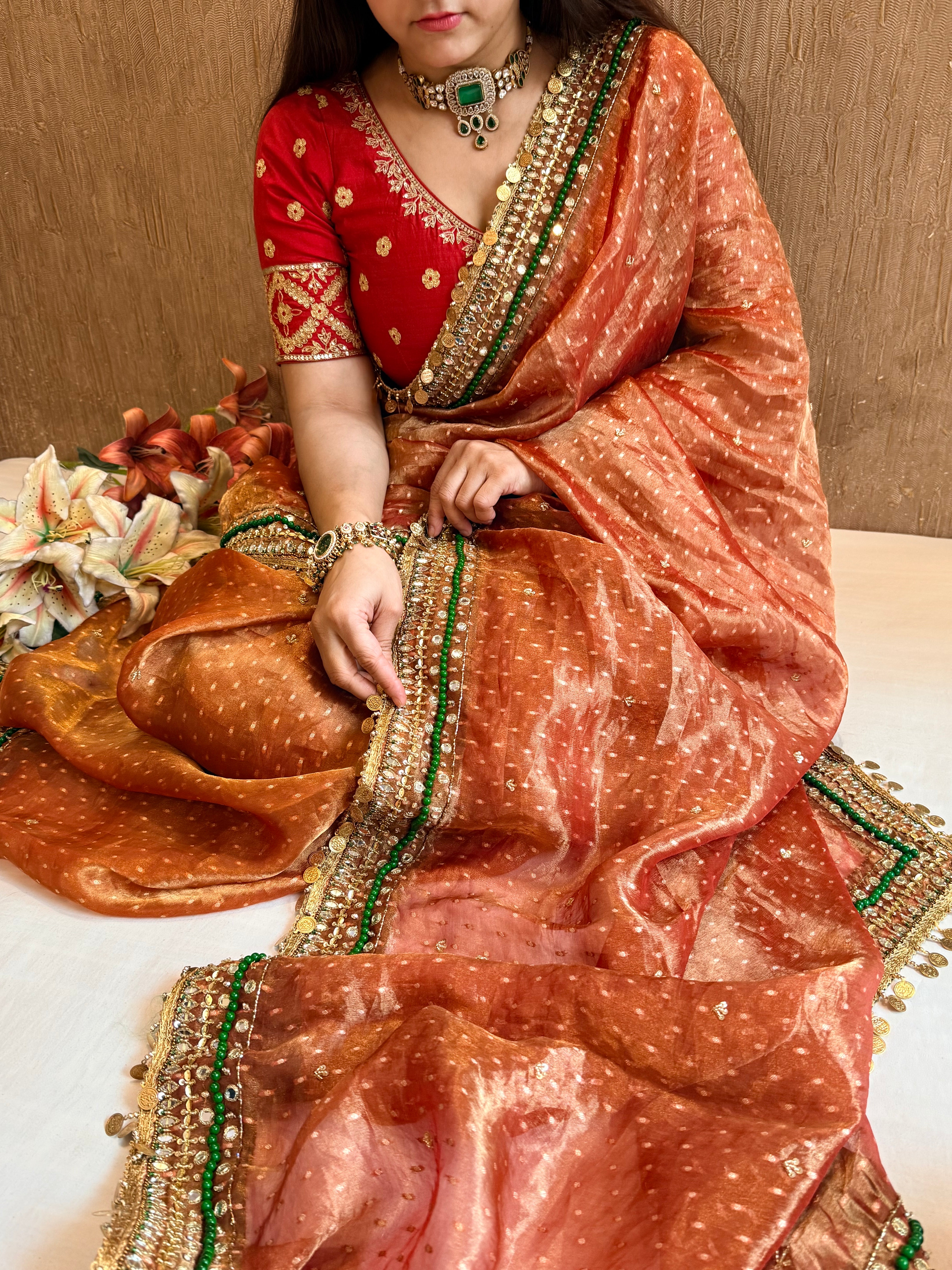 Heera & Panna tissue silk chunri buti hand embroidered kadhwa saree