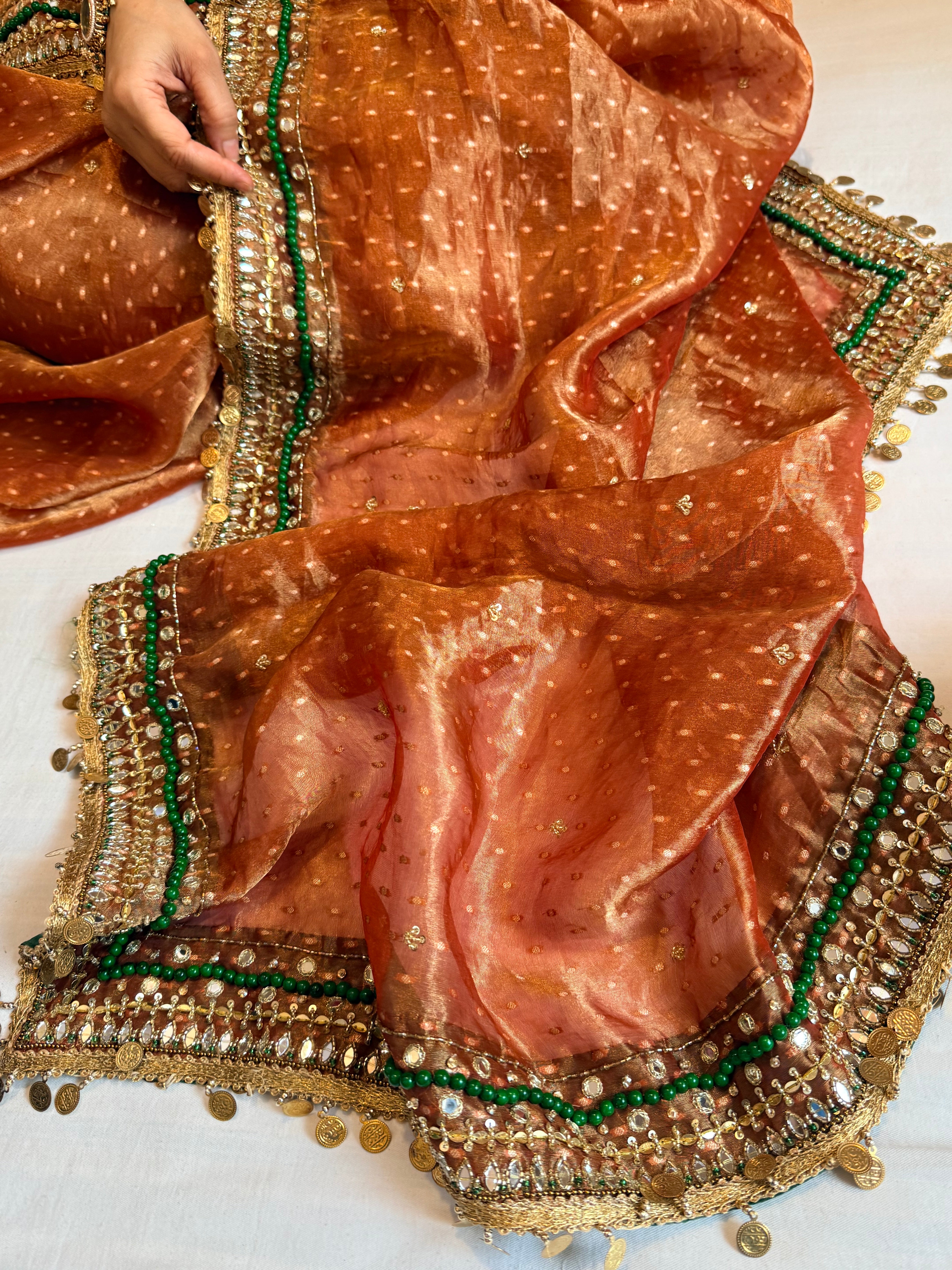 Heera & Panna tissue silk chunri buti hand embroidered kadhwa saree