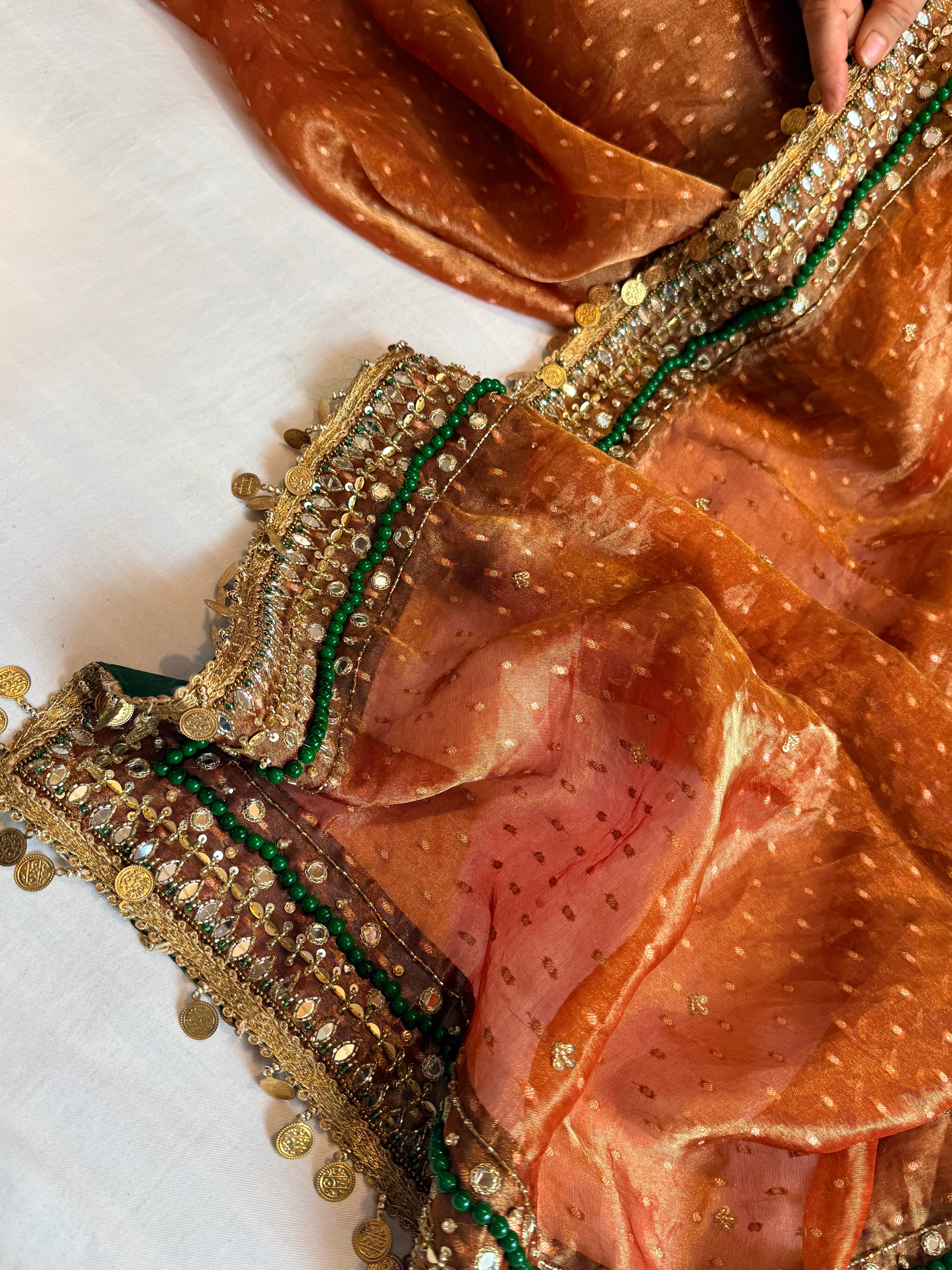 Heera & Panna tissue silk chunri buti hand embroidered kadhwa saree