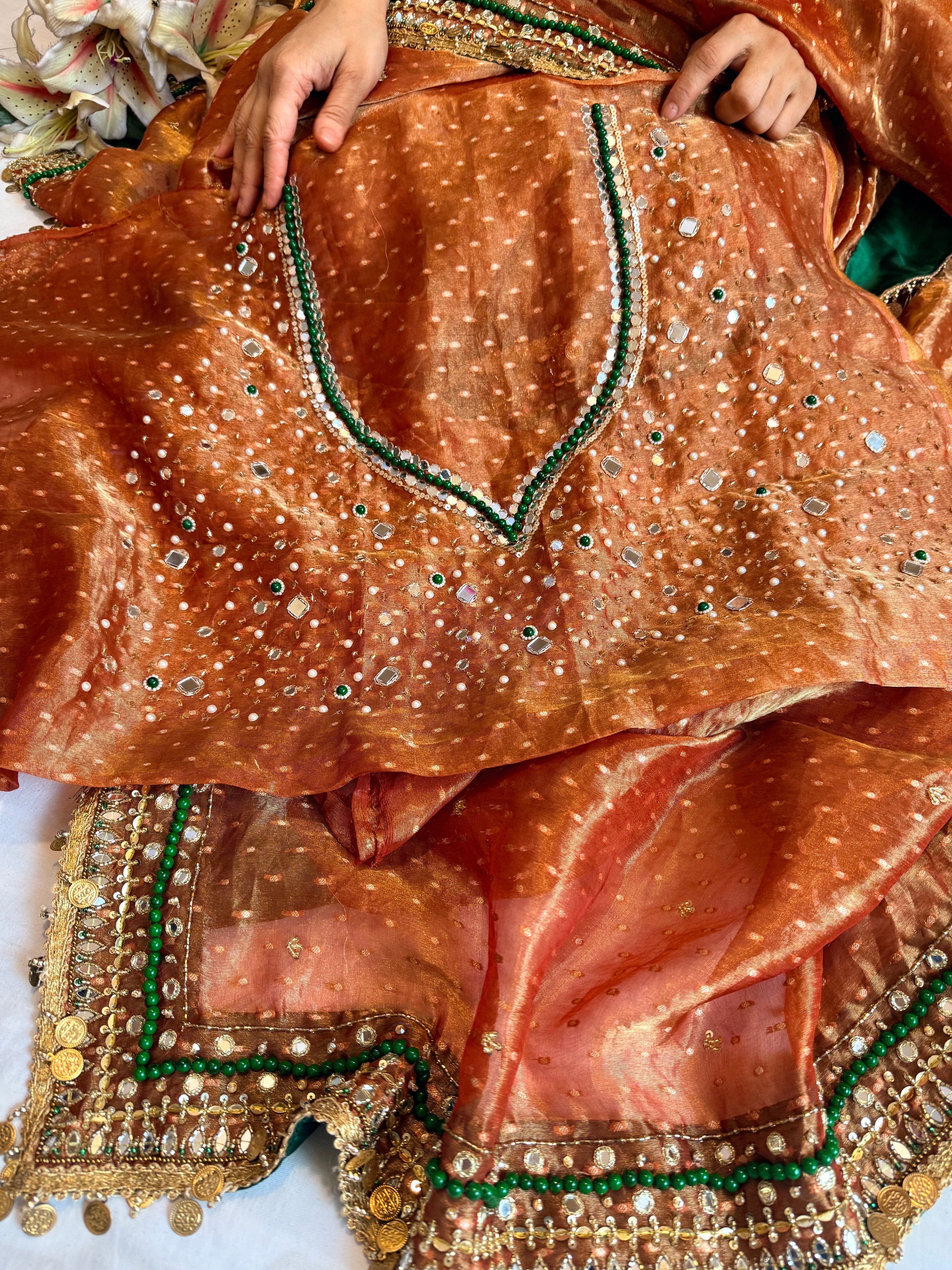Heera & Panna tissue silk chunri buti hand embroidered kadhwa saree