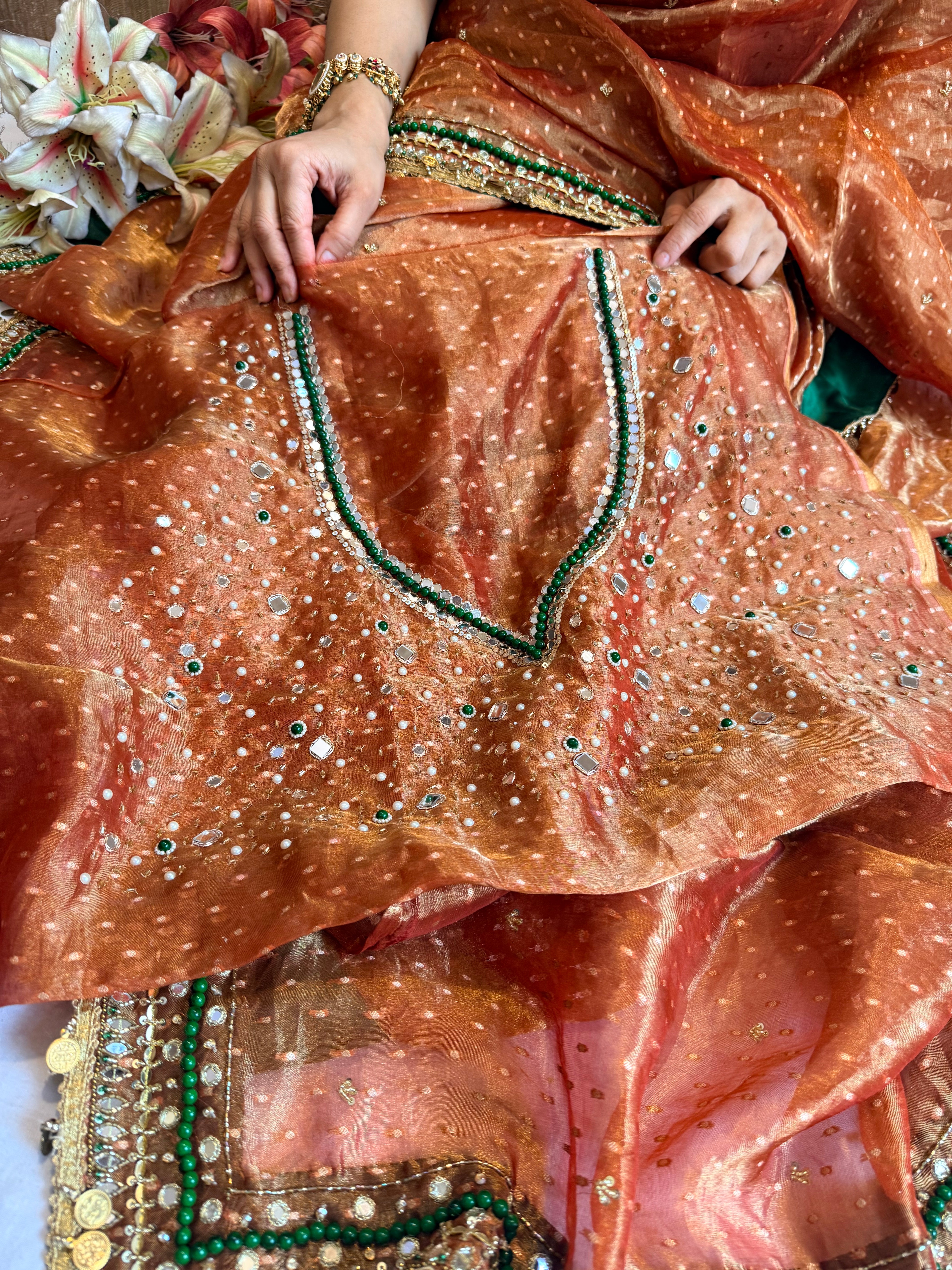 Heera & Panna tissue silk chunri buti hand embroidered kadhwa saree