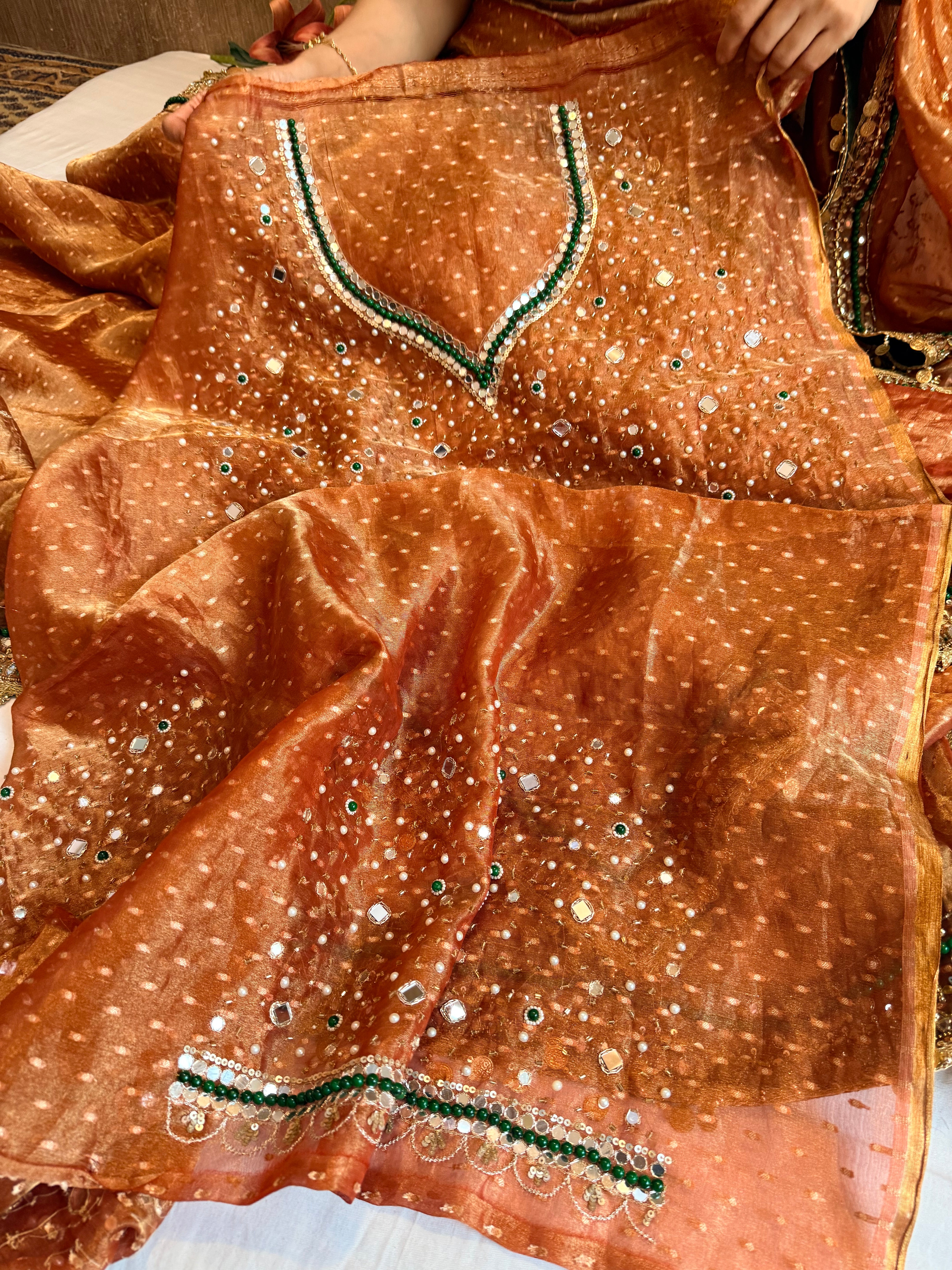 Heera & Panna tissue silk chunri buti hand embroidered kadhwa saree