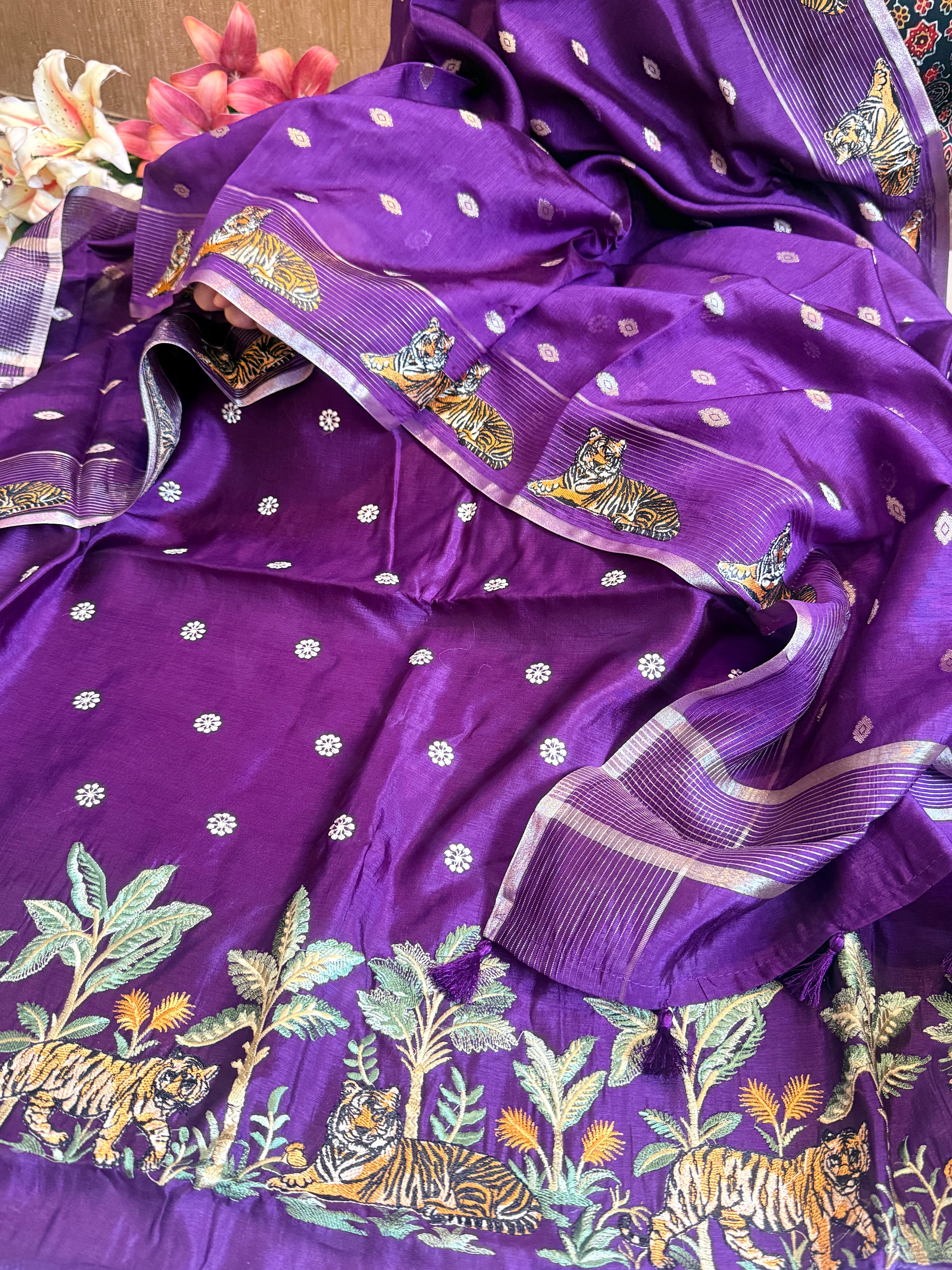 Chiniya silk tiger motif parsi gara weaving hand embroidered suit set