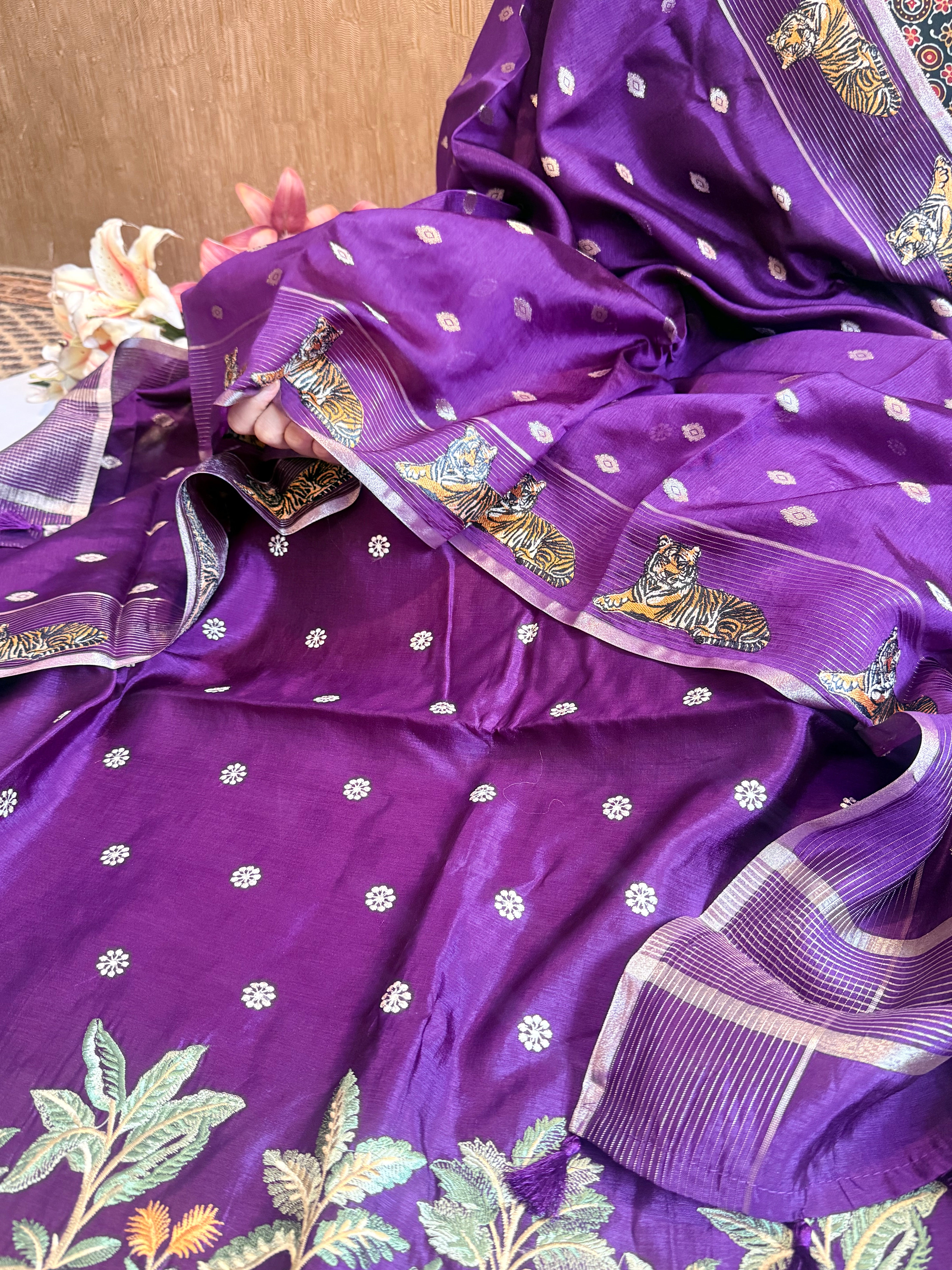 Chiniya silk tiger motif parsi gara weaving hand embroidered suit set